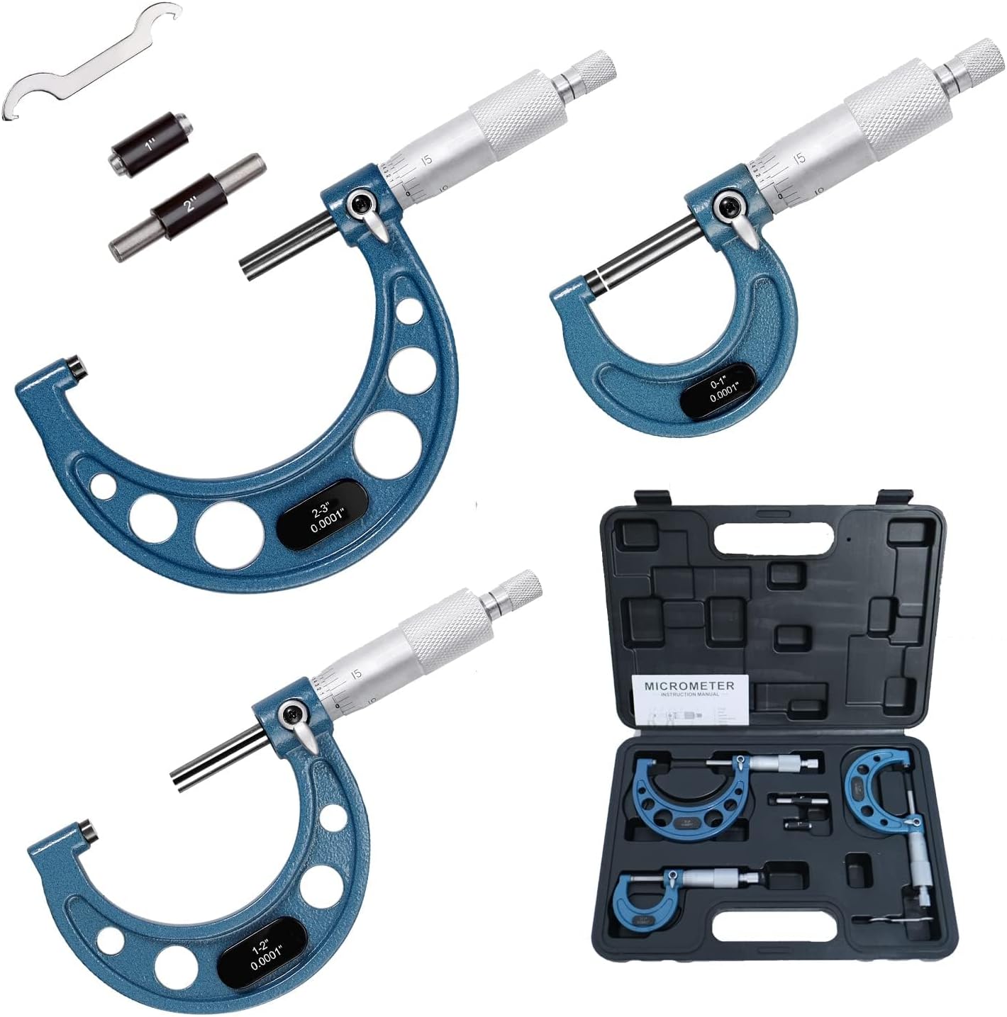 HDLNKAK Professional Micrometer Stand for Micrometers Up to 4", Outside Micrometer Set, 0-3" Machinist Micrometer, 3 Pcs Machinist Tool Set.