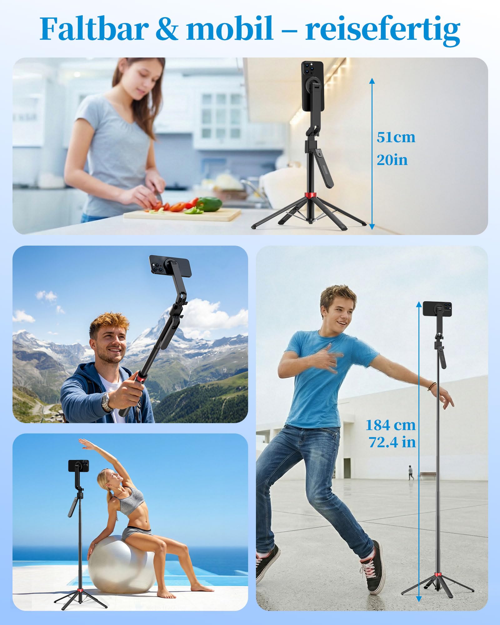 PlusAcc 184cm Auto Face Tracking Stativ Magnetischer Selfie Stick 360° Drehung Halter mit Fernbedienung kompatibel Magsafe Smartphone Videoaufnahmen Vlogging TikTok