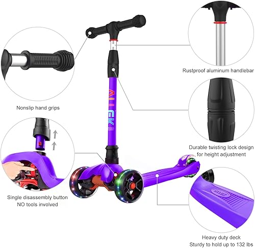 Miniatura 2 de Allek Kick Scooter B02 Lean N Glide Scooter con ruedas de poliuretano extra anchas y 4 alturas ajustables para niños de 3 a 12 años Verde agua,