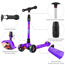 Allek Kick Scooter B02, Lean \'N Glide Scooter with Extra Wide PU Light-Up Wheels and 4 Adjustable Heights for Children from 3-12yrs (Purple)