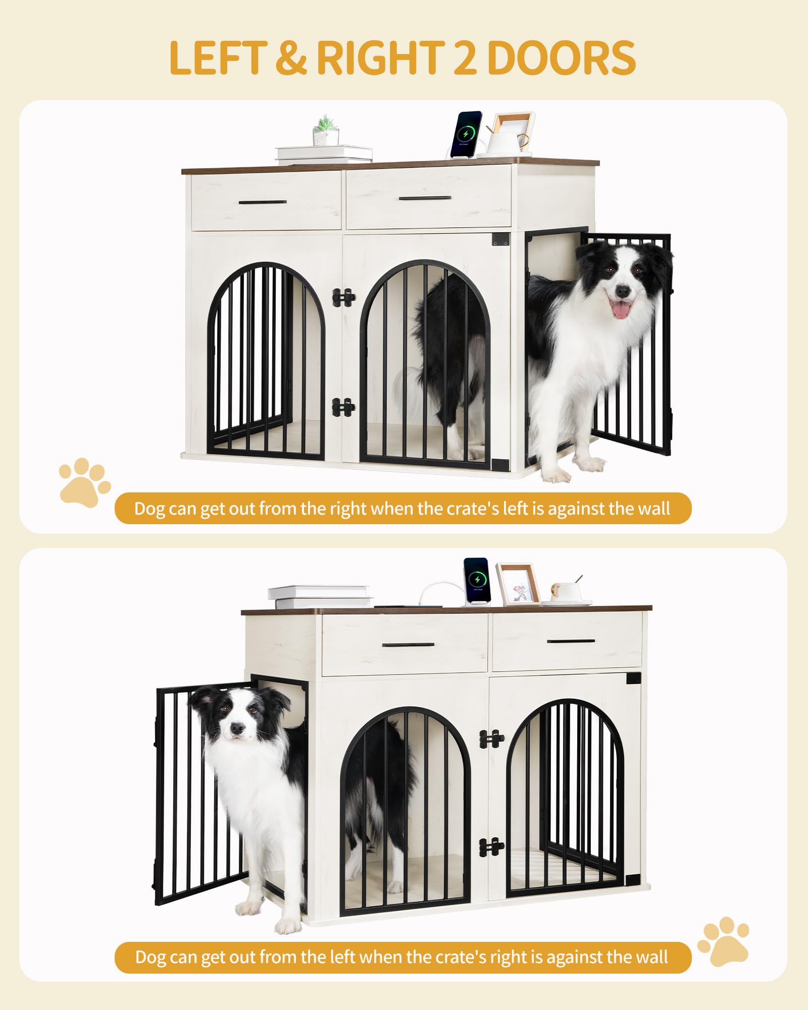 Hzuaneri 100 cm Hundekäfig Möbel mit 2 Schubladen, Hundebox für den Innenbereich mit Ladestation, Hundebox aus Holz Beistelltisch, Hochbelastbar Hundekäfig für Große Hunde, Weiß Braun DFC87214B