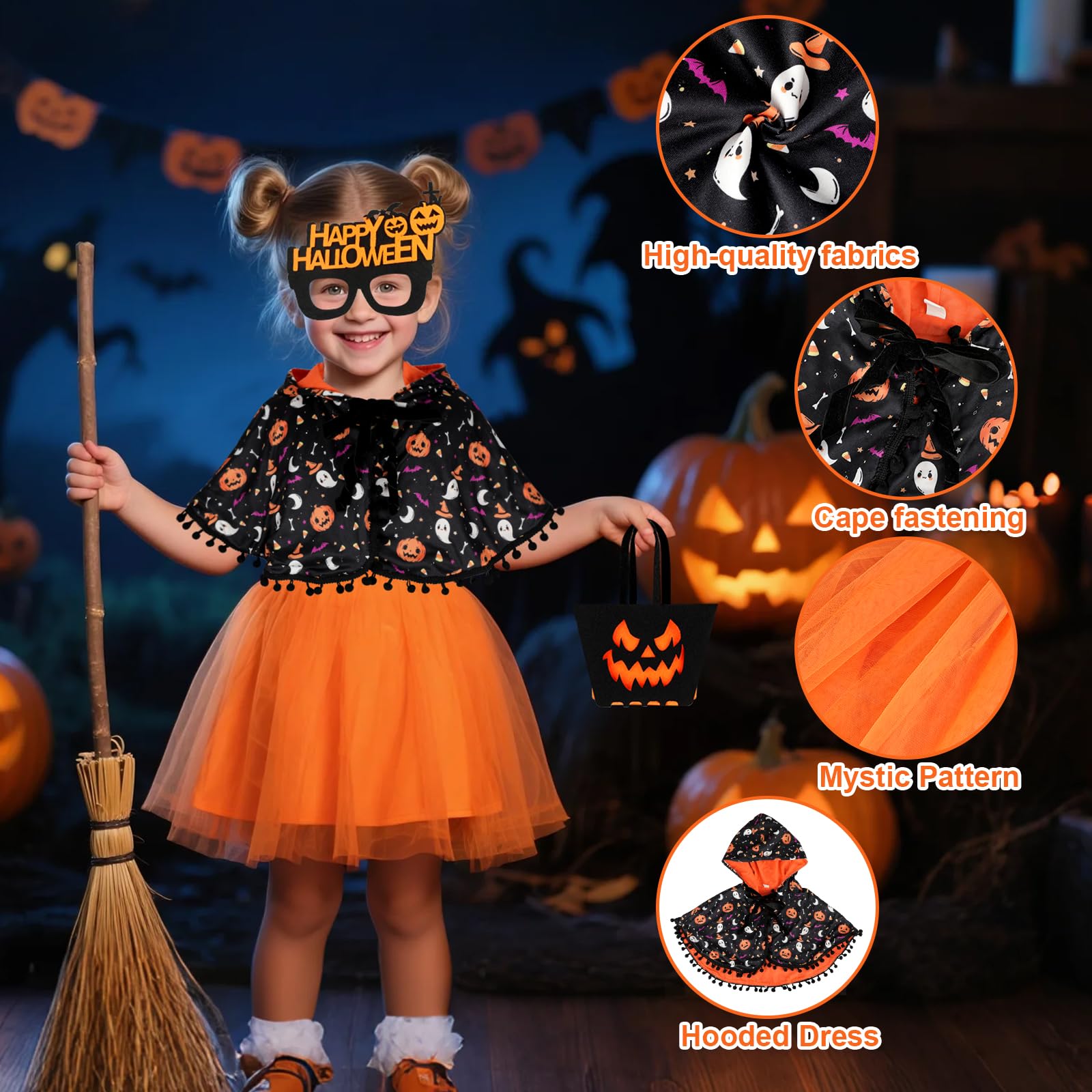 TAGVO Costume da Strega Halloween per Bambina, Ragazze Principessa Vestito Strega Viola Poncho Cappuccio Capo Paillettes Tulle Abiti serbatoio per bambini Halloween fantasia vestire per 1-6 anni