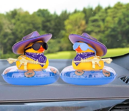 Miniatura 6 de Patos de goma para tablero de instrumentos de automóvil, pato vaquero, accesorios de decoración con mini sombrero de vaquero holográfico, anillo de