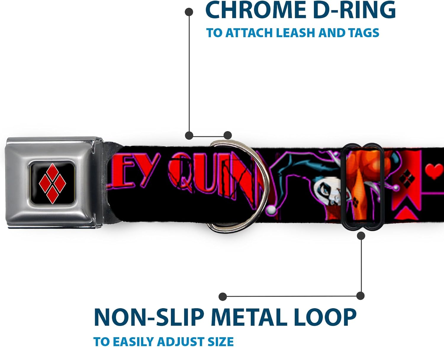 Buckle-Down Seatbelt Buckle Dog Collar - HARLEY QUINN Bomb Poses/Suits Black/Purple/Red - 1" Wide - Fits 15-26" Neck - Large
