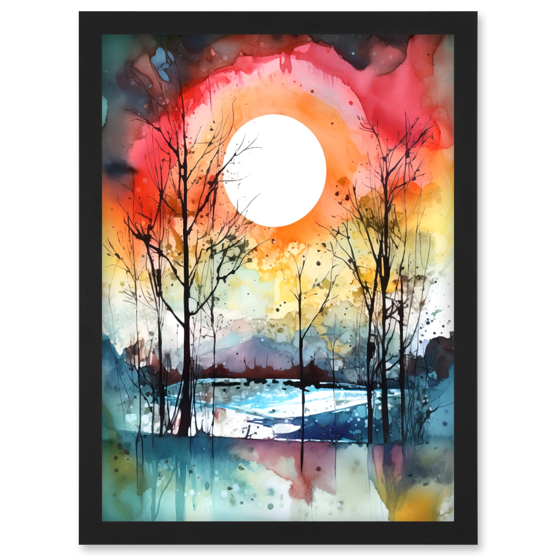 Artery8 Abstract Sunset Landscape Watercolour Painting Countryside Lake Autumn Trees Artwork Framed Wall Art Print A4
