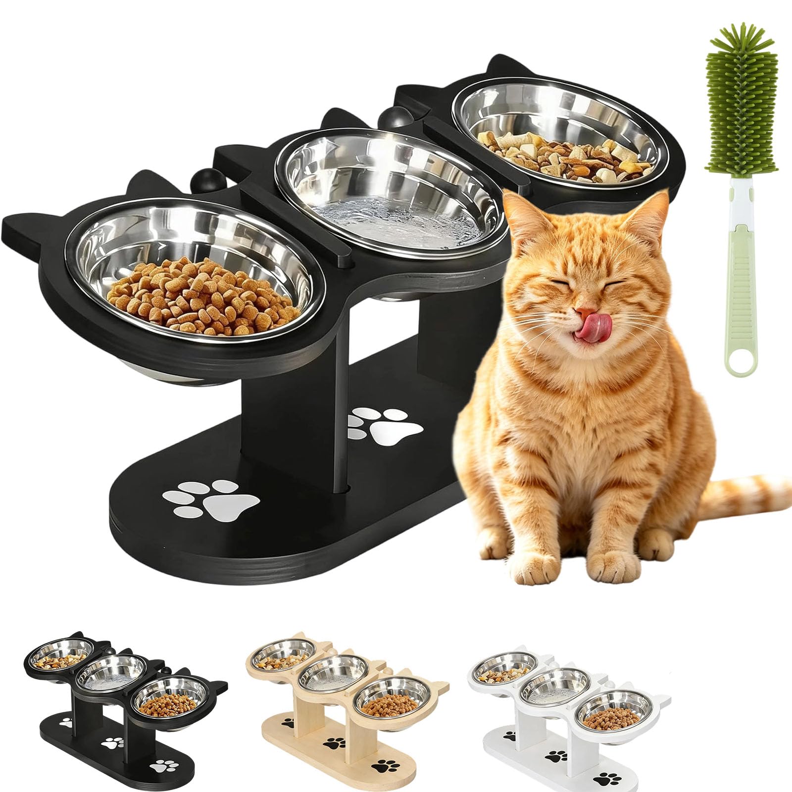 2026 New Anti-Slip Elevated 3-Bowl Pet Feeder, Cat Bowls With Stand Tilted, Stainlesssteel Cat Feeding Station, Ergonomic Elevated Cats Bowls With Wooden Base, Pet Feeding Station For Food & Water (D)