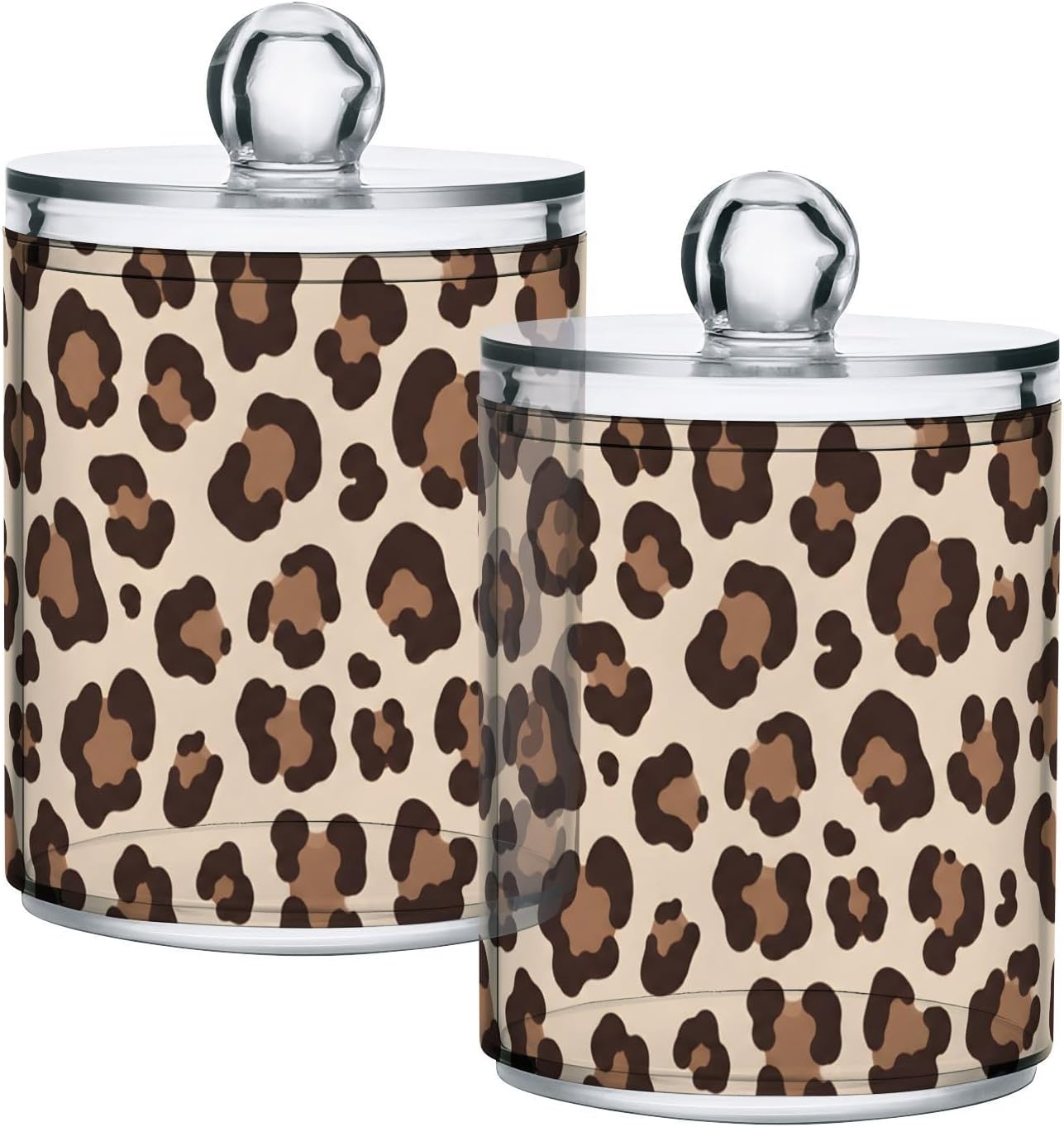 2 Pack Qtip Holder Dispenser for Cotton Ball Leopard Print Cheetah Swab Round Pads Clear Plastic Acrylic Jar Set Bathroom Canister