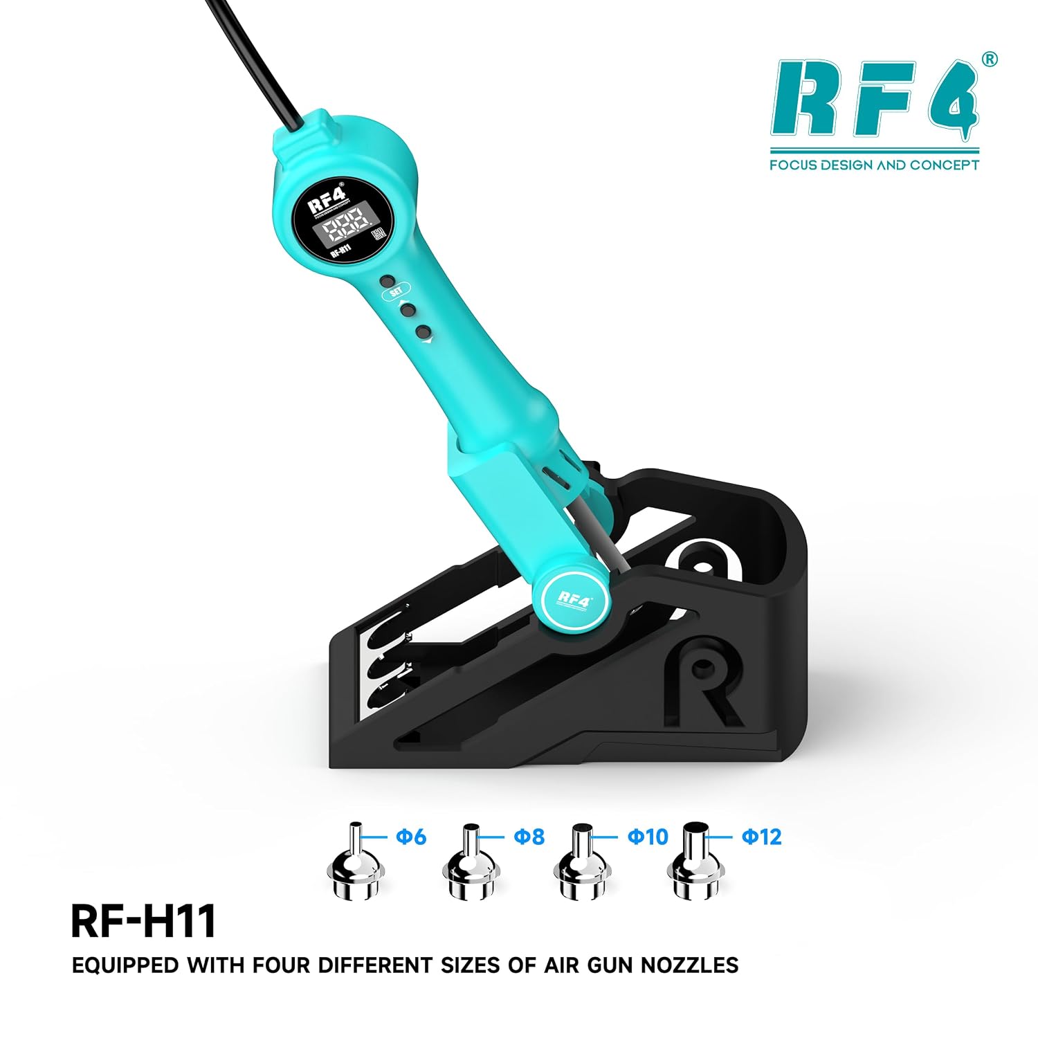 RF-H11 Integrated Hot Air Gun with Sleep Base Up to 500° Hot Air LCD Display 10-Level Wind Adjustment PCB IC Solder Repair