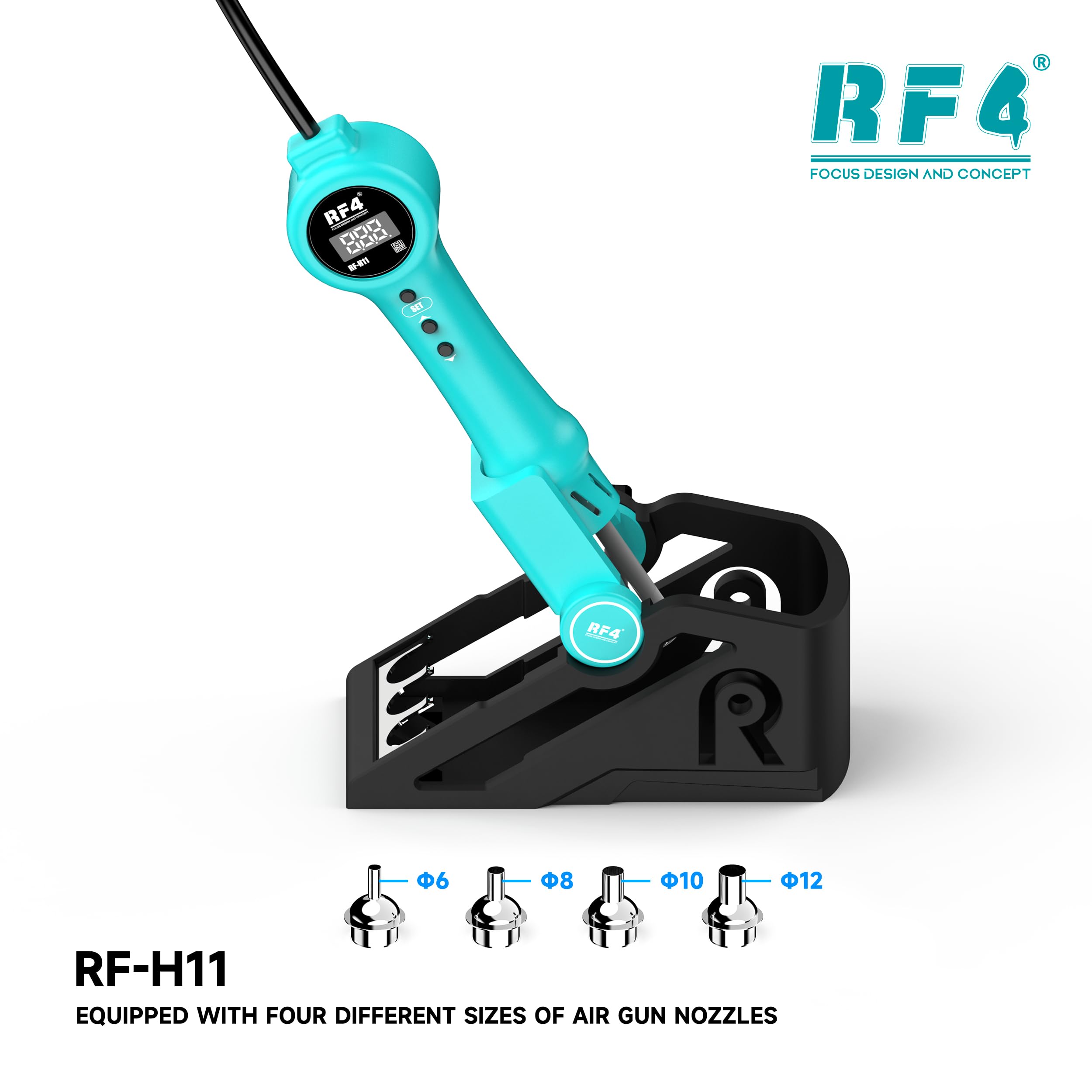 Pistola de aire caliente integrada RF-H11 con base de reposo, hasta 500°, pantalla LCD de aire caliente, ajuste de viento de 10 niveles, reparación de soldadura de PCB y CI