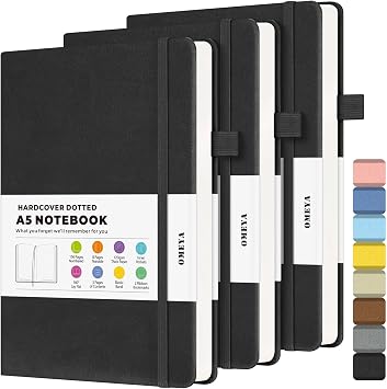 OMEYA Dotted Journal Notebook 3 Pack, A5 Hardcover Notebook with 120gsm Thick Dotted Paper, Leather Journals for Women, Men, Dot Grid Notebook Journal for Writing, Notebooks for Work, 5.75" 8.38"