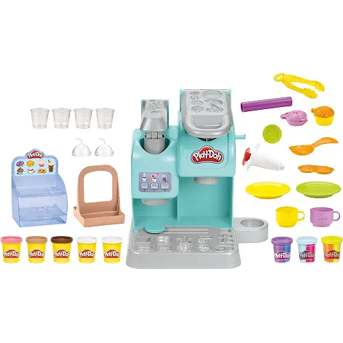 Play-Doh - Kitchen Creations - Súper Cafetería - Cafetera de Juguete con 20 Accesorios y 8 Botes