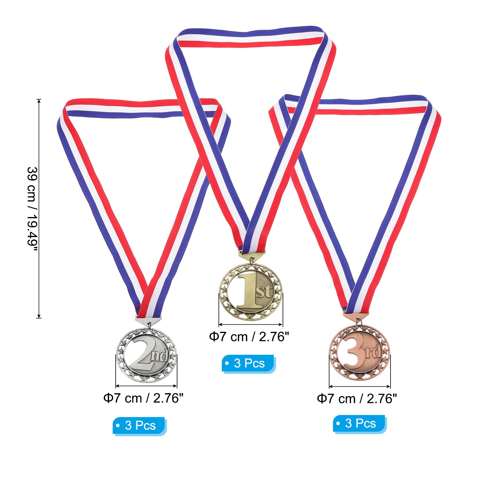 PATIKIL Medaglie Premio, 9 Pz 1° 2° 3° Medaglie di Competizione in Metallo Medaglie Vincitore con Nastro per Tornei, Eventi Sportivi, Feste, 3 Colori