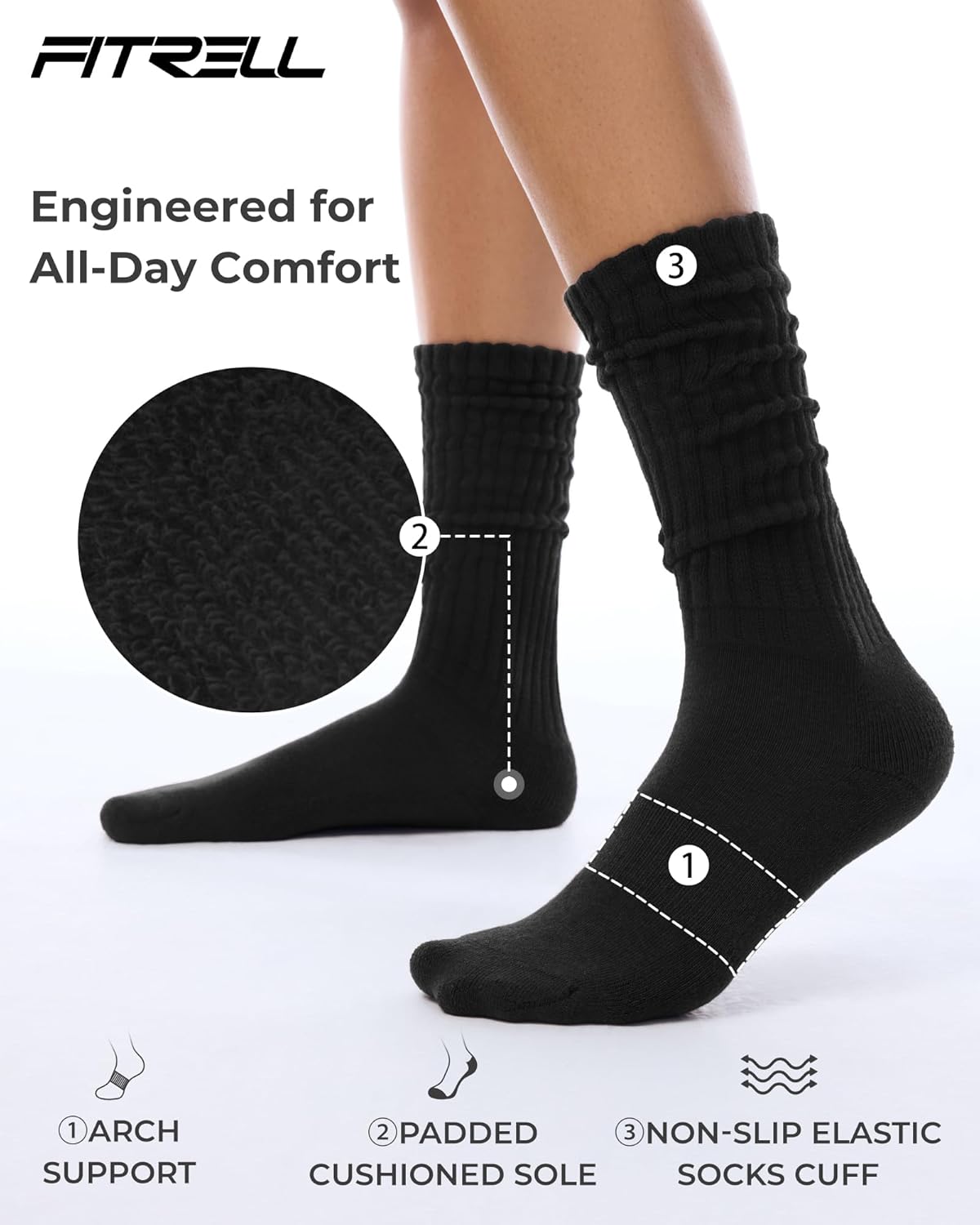 FITRELL Slouch Socks for Women, 3 Pairs Soft Cotton Knee High Scrunch Tube Boot Socks - Image 4