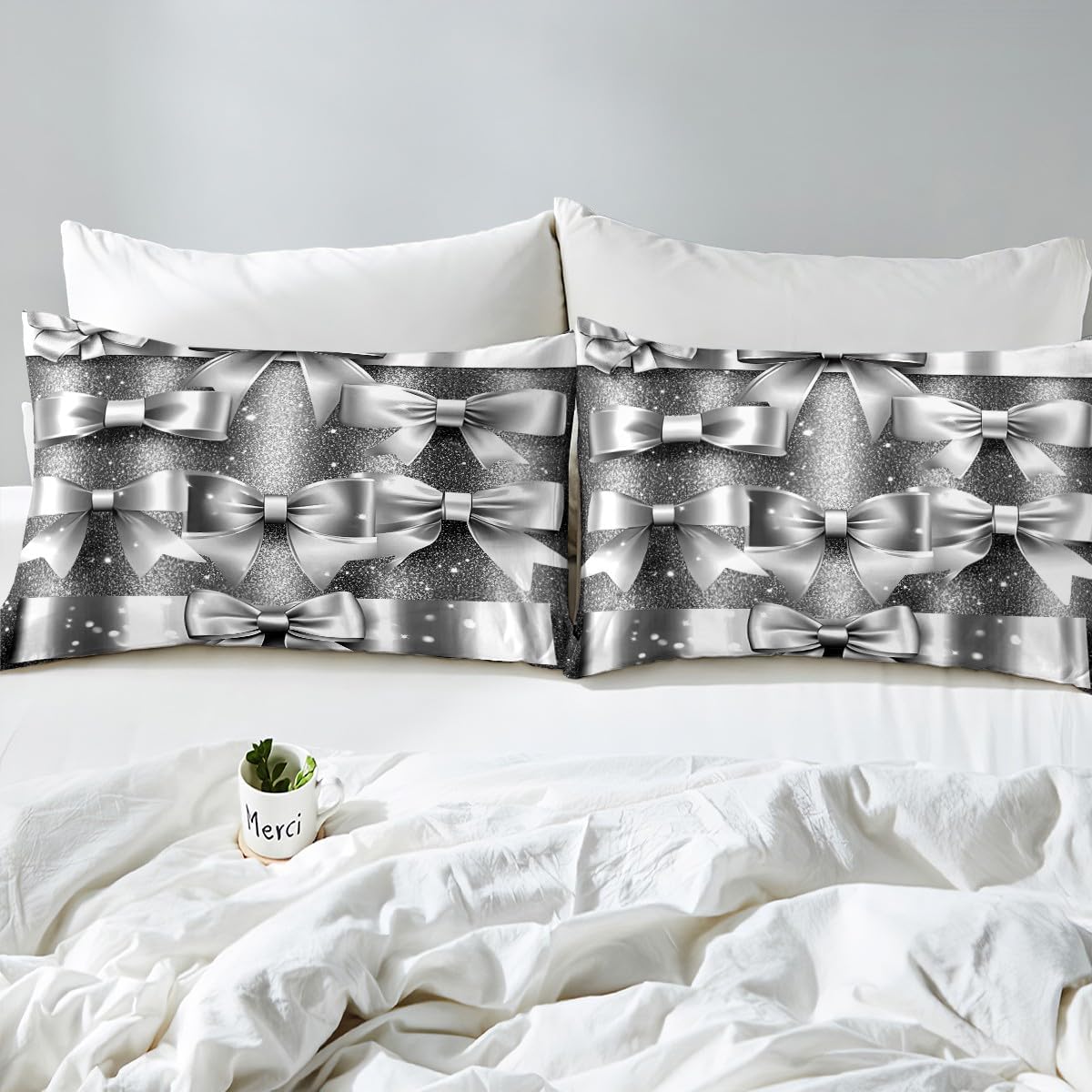 Erosebridal Bow Black Grey Bedding Set Toddler Cute Princess Silk Ribbon Bowknot Comforter Cover for Kids Girls Kawaii Room Decor,Coquette Butterfly Knot Duvet Cover Bow Tie Girly Sweet Bed Set