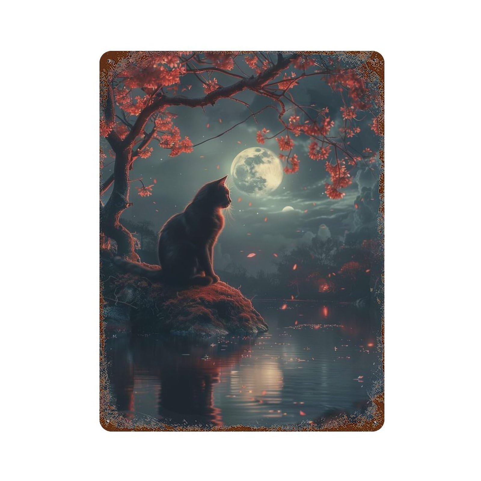 Decorative Tin Sign with Cat Moon And Stars Design 15.7"x11.8", for Basement, Hobby Room And Garage Decor, Rustic Home Decor