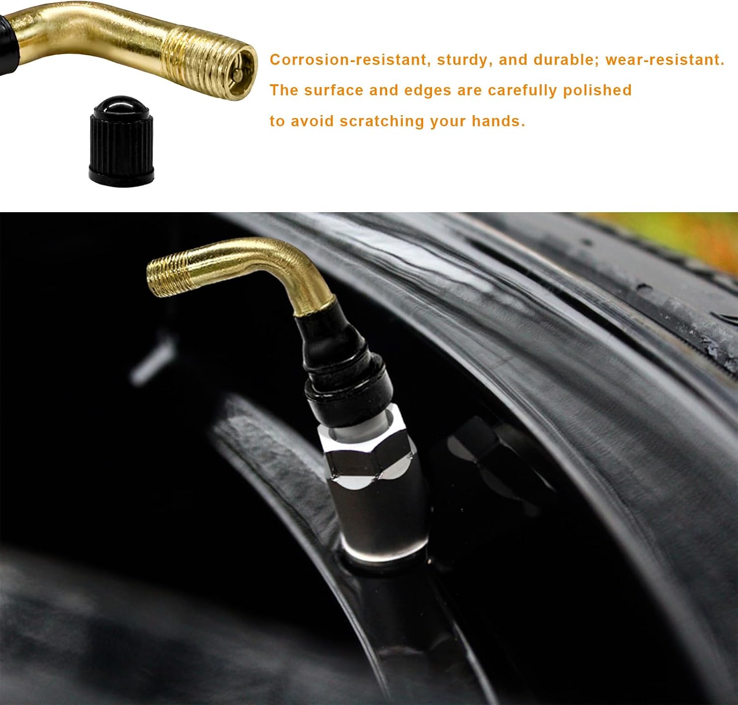 2 PCS PVR60/PVR70 Valve Stems, 90° Bent Brass Tire Valve Stem with Snap-in Rubber Base, Angled Tyre Nozzle Core Compatible with Most Tubeless Tire Rims on Motorcycle Scooter ATV