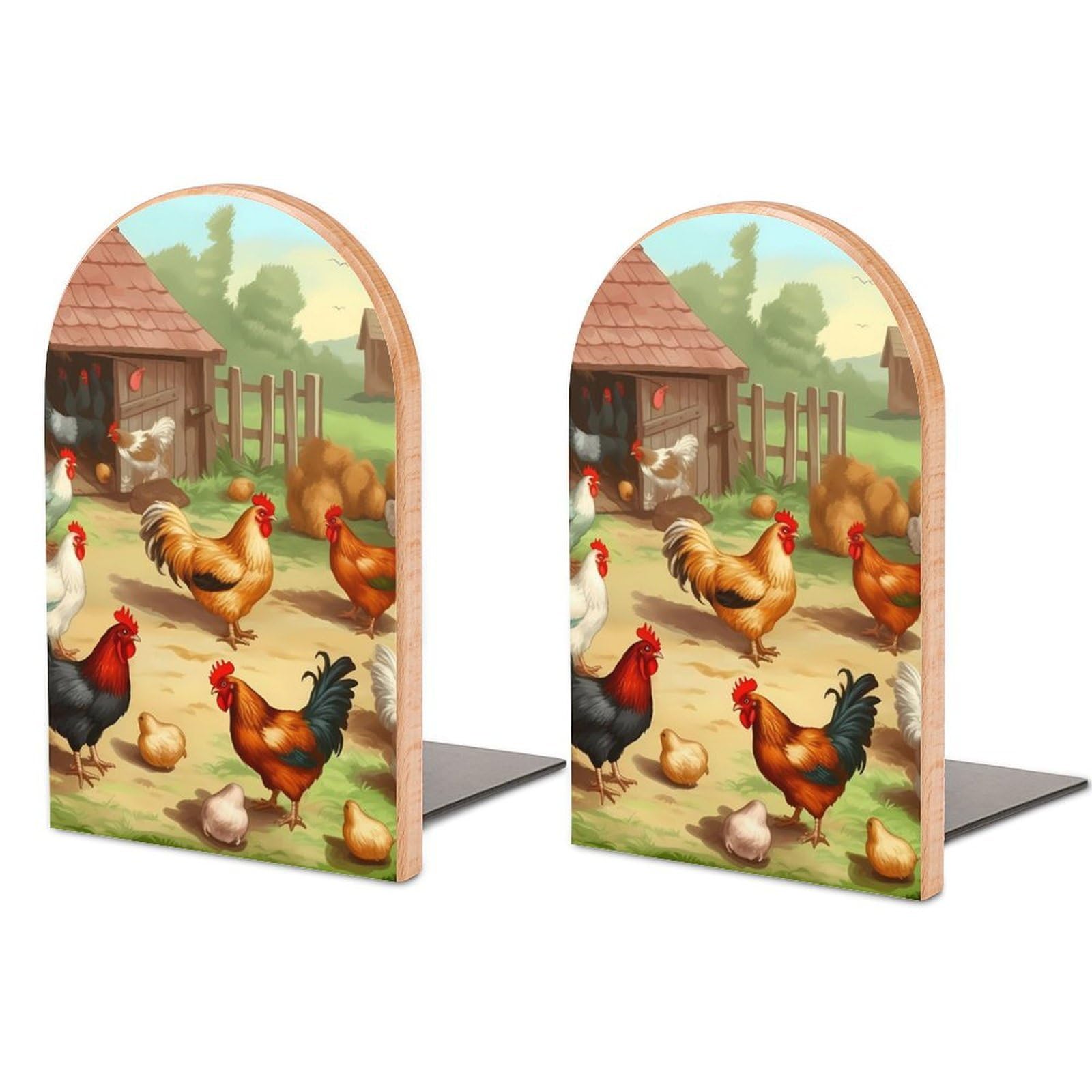 Beech Wood Book Ends Roast Chicken Hen Farm Printed Bookend for Shelves Home Decorative Bookends for Heavy Books for Office Bookshelves