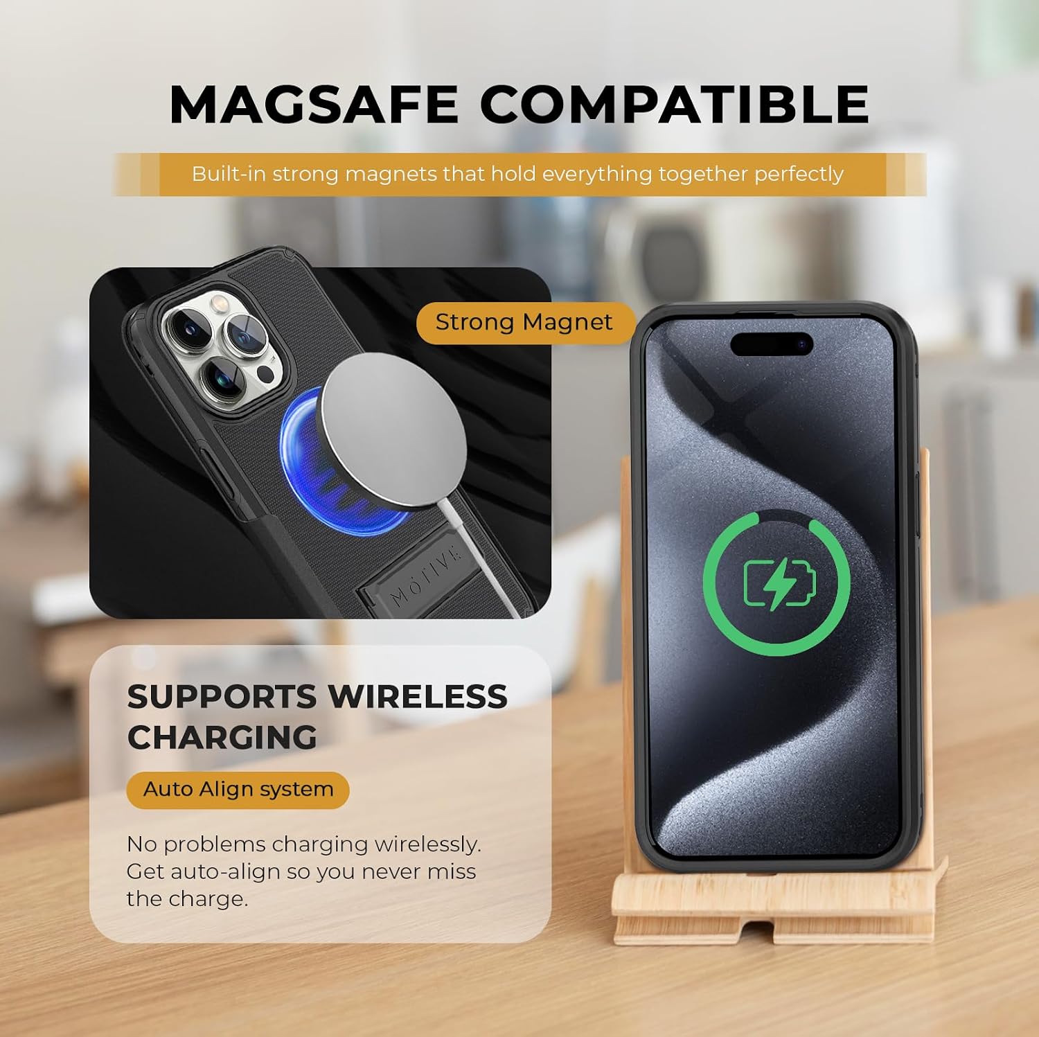 MOTIVE iPhone 15 Pro Case with Clip & Flat Wall Charger 35W, Kickstand, Magnetic Shell Holster Combo, Super Fast Charger USB C & USB A