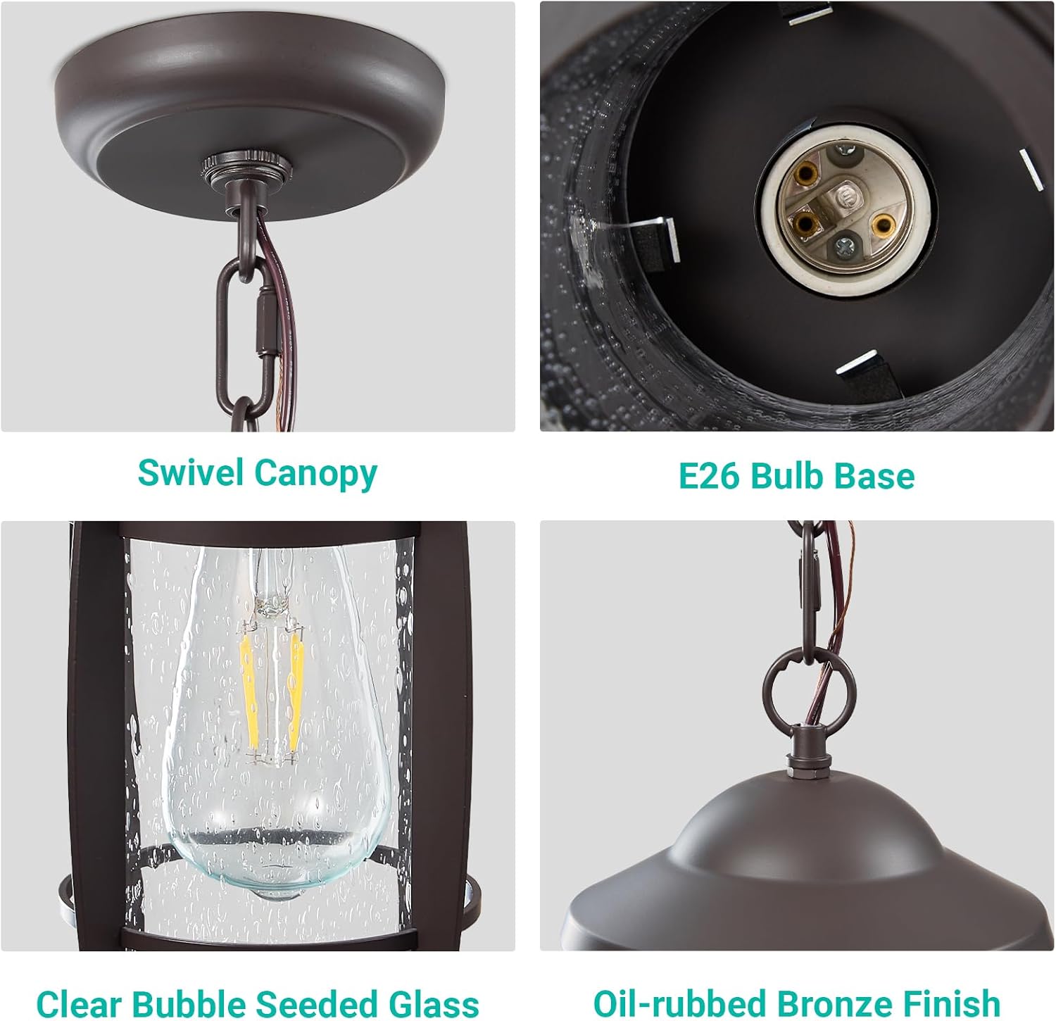 LOUSACE 1-Light Outdoor Pendant Light for Porch - Oil Rubbed Bronze Outdoor Chandelier Lantern Waterproof Aluminum Exterior Hanging Porch Light with Seeded Glass for Entrance, Gazebo, Patio, ETL List