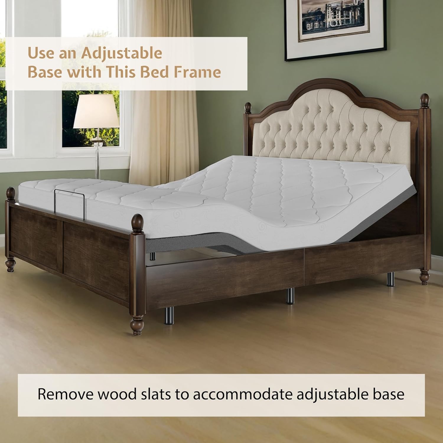 Solid Wood King Bed Frame, Transitional Platform Bed with 52.5" Tufted Upholstered Headboard, Rubberwood Construction, Roman Column Accents, No Box Spring Needed
