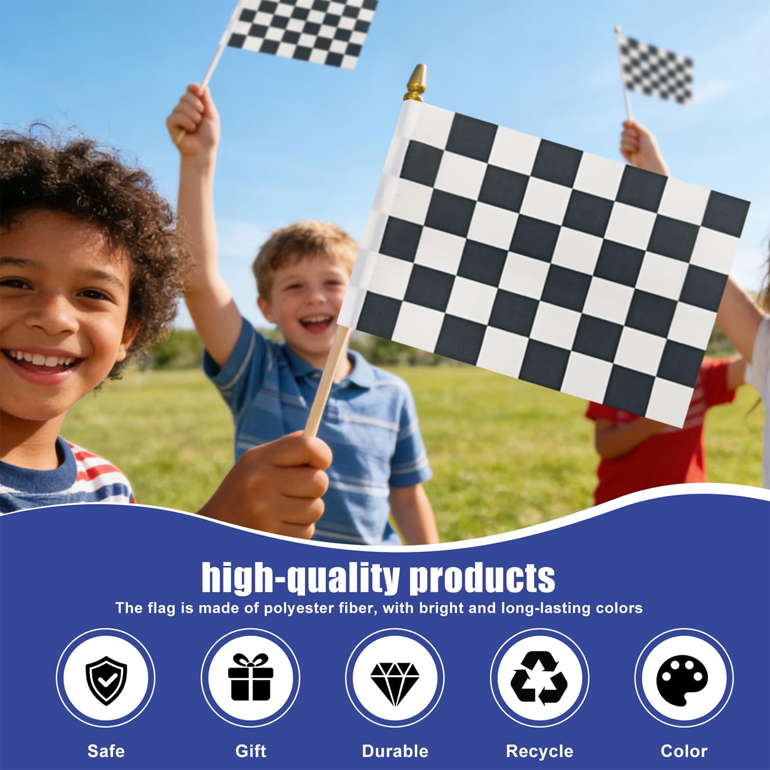 12 Pack Checkered Black and White Racing Miniature Small Wooden Stick Flags Race Car Mini Handheld Flag Patio Lawn & Garden Outdoor Decorations,8x5 Inch image 5