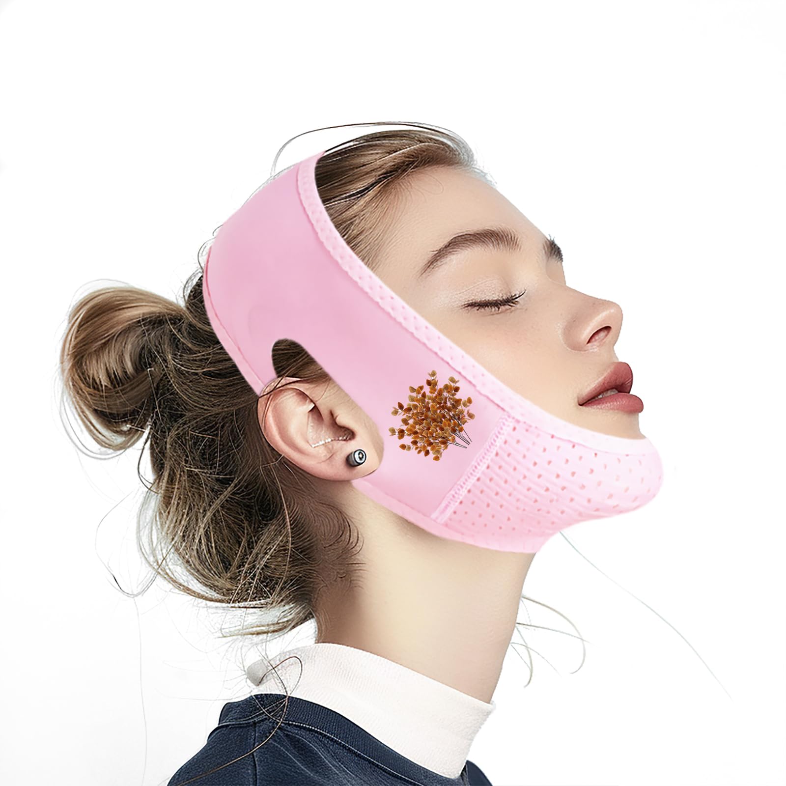 Chin Strap for Sleeping V Line Lifting Mask Reusable Face Strap Jaw Exerciser Pink-Fall Eucalyptus Leaves-C