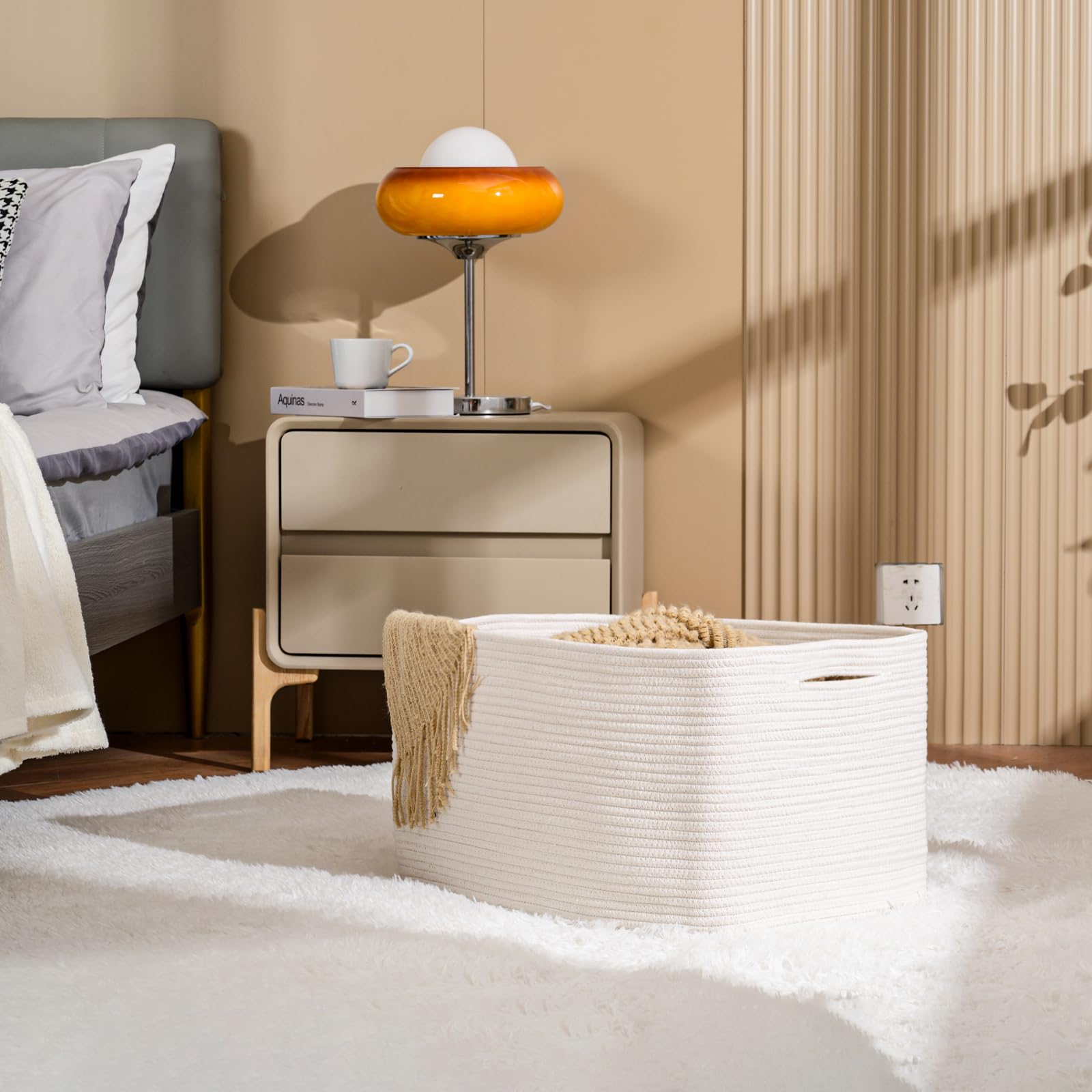 Cesta rectangular grande para manta, cesta de almacenamiento grande, cestas tejidas de cuerda de algodón para almacenamiento con asas, cestas de juguetes para guardería, sala de estar, 2