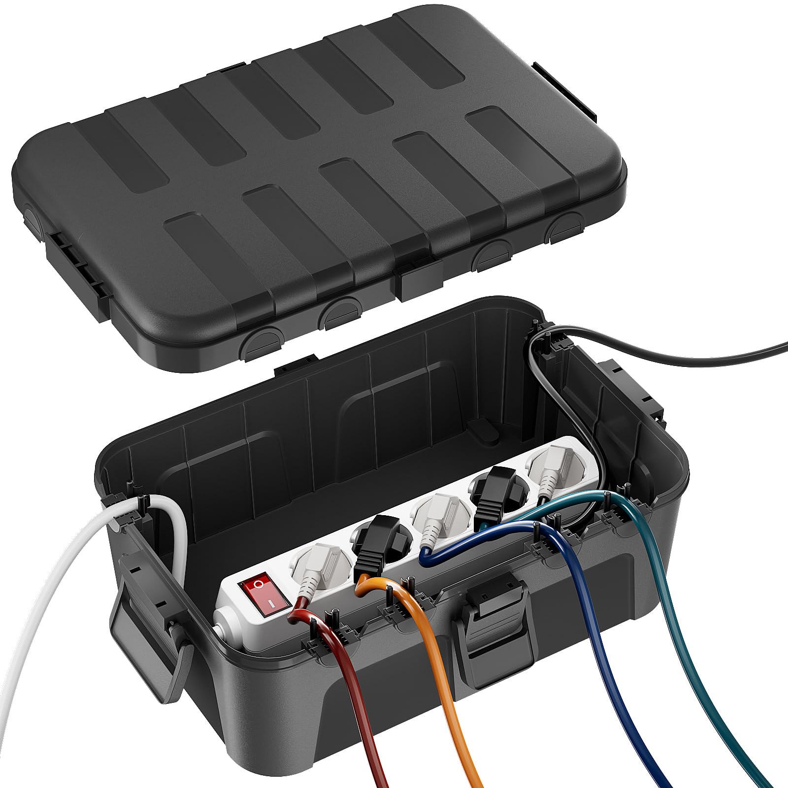 RESTMO Boîte Protection Étanche IP54 Extra Large (32x22x13cm) – Pour Multiprise Extérieure, Org. Câbles (6 Entrées/Sorties), Résistante UV/Pluie/Gel (Couleur:Nior)