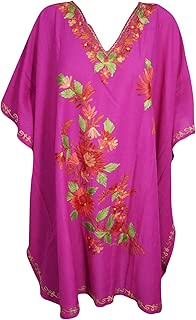 Mogul Interior Womens Caftan Dress Magenta Pink Emboidered Holidays Dresses Free Size