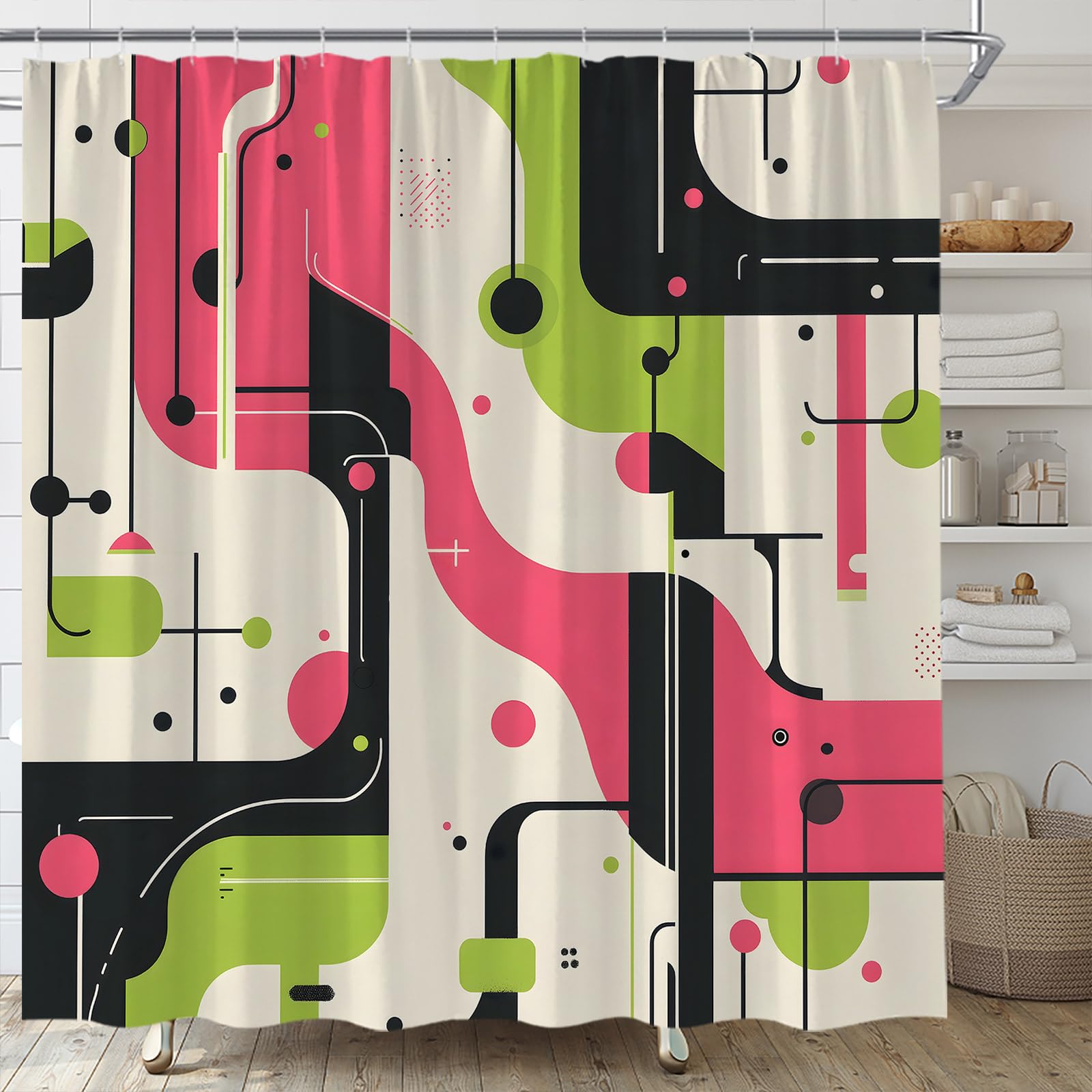 MSAYNFG Retro Geometric Shower Curtain Modern Abstract Lamp Circle Vintage Mid Century Aesthetic Fashion Fabric Bathroom Decor Set with Hooks(70" Wx70