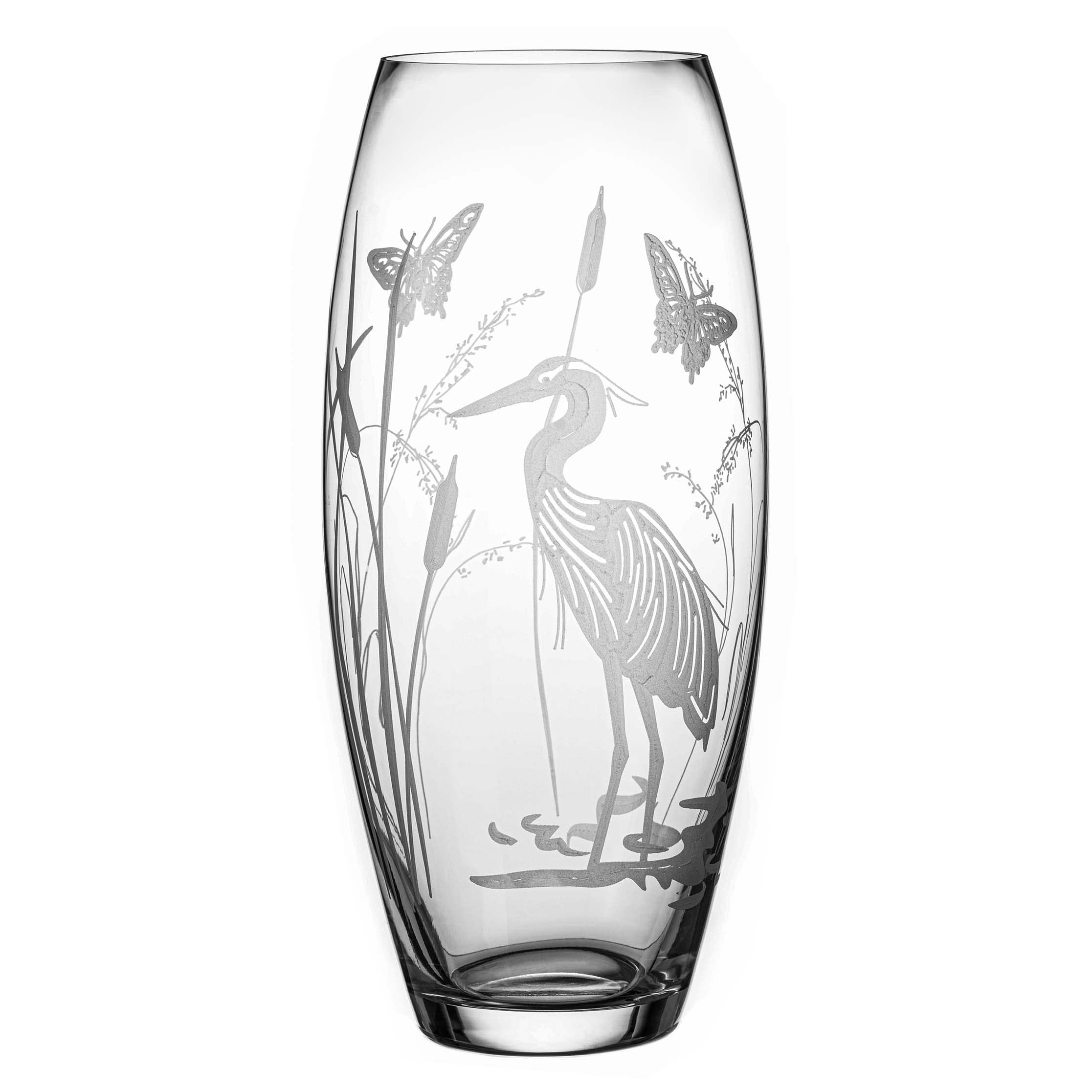 DIAMANTE Barrel Shaped Crystal Vase "Heron" - Etched Bird Decoration Wildlife Botanical Flower Vase - 30cm in gift box - Image 2