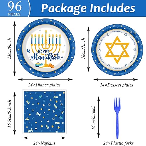 Miniatura 2 de Tevxj Juego de vajilla de Hanukkah de 96 piezas, platos y servilletas de Janucá, decoraciones de vajilla de papel desechables, suministros de fiesta
