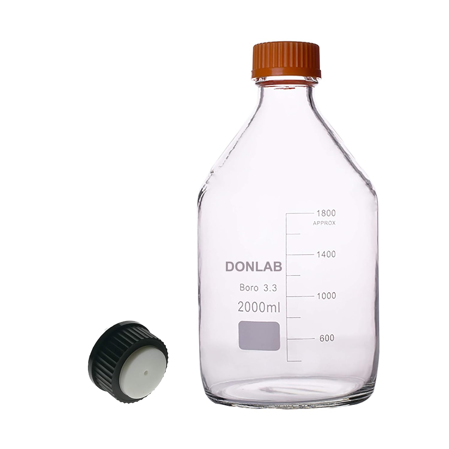 MBP-02L1 Borosilicate Glass 2000ml/2L Round Media Reagent Bottle with 1-Hole Mobile Phase Cap GL45