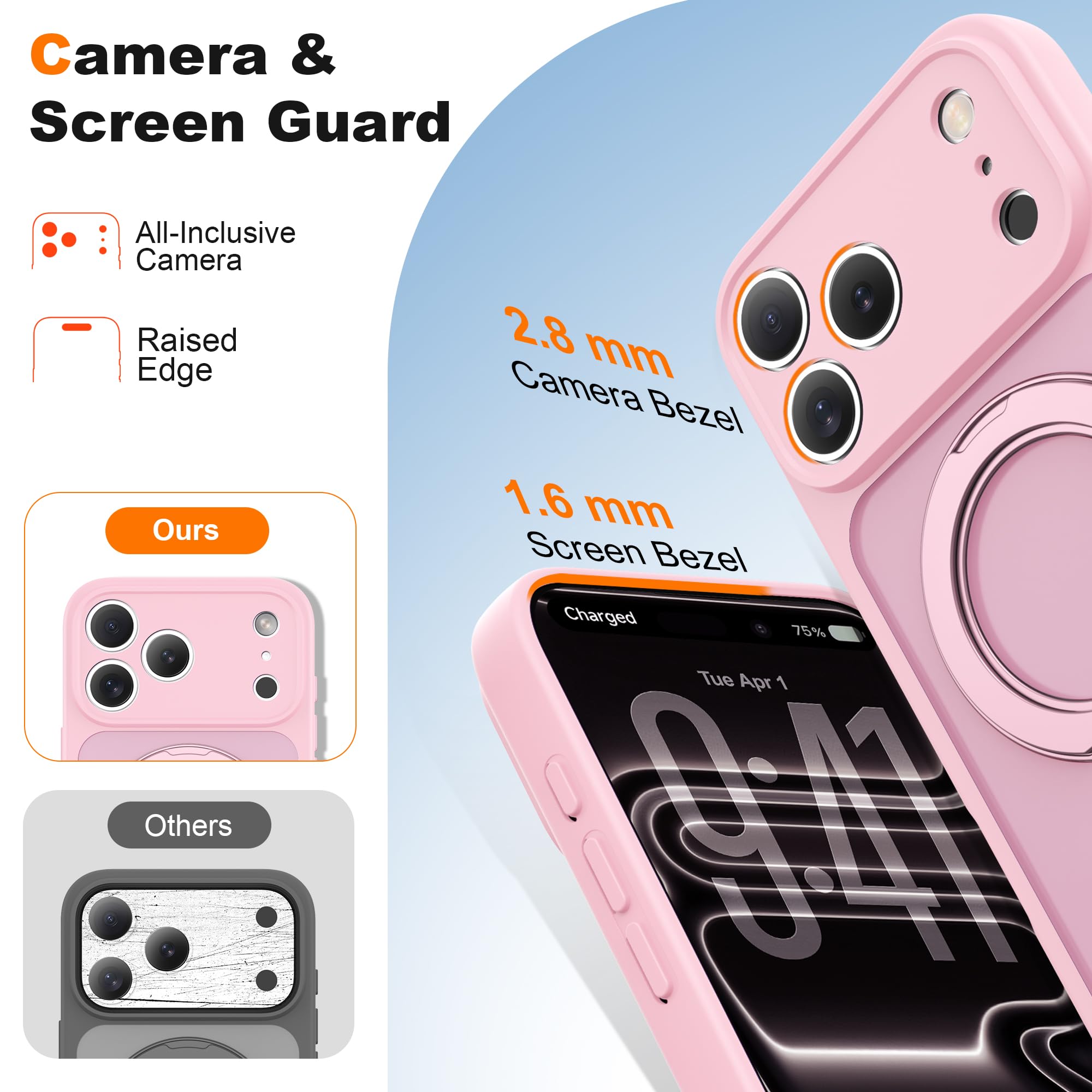 Custodia magnetica per iPhone 17 Pro 16 cm, rosa | Supporto magnetico ad anello, compatibile con Mag-Safe, protezione di grado militare, custodia sottile traslucida opaca per