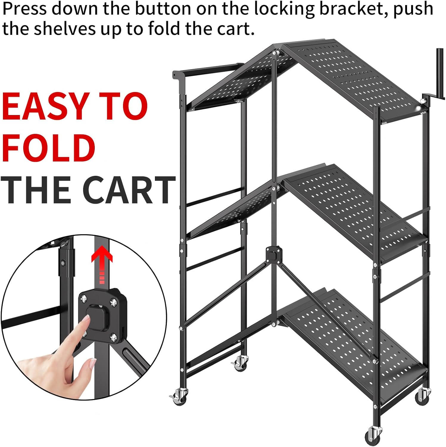 Foldable Outdoor Grill Cart with 3-Tier,Grill Cart,Grill Table for Outside with 2 Total Lock Casters，Pizza Oven Stand Table，Rolling BBQ Table and Folding Kitchen Island, Black