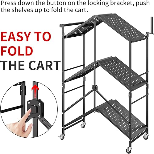 Miniatura 10 de Carrito plegable para parrilla al aire libre con 3 niveles, mesa de parrilla con 2 ruedas de bloqueo, carrito de barbacoa multifuncional, mesa