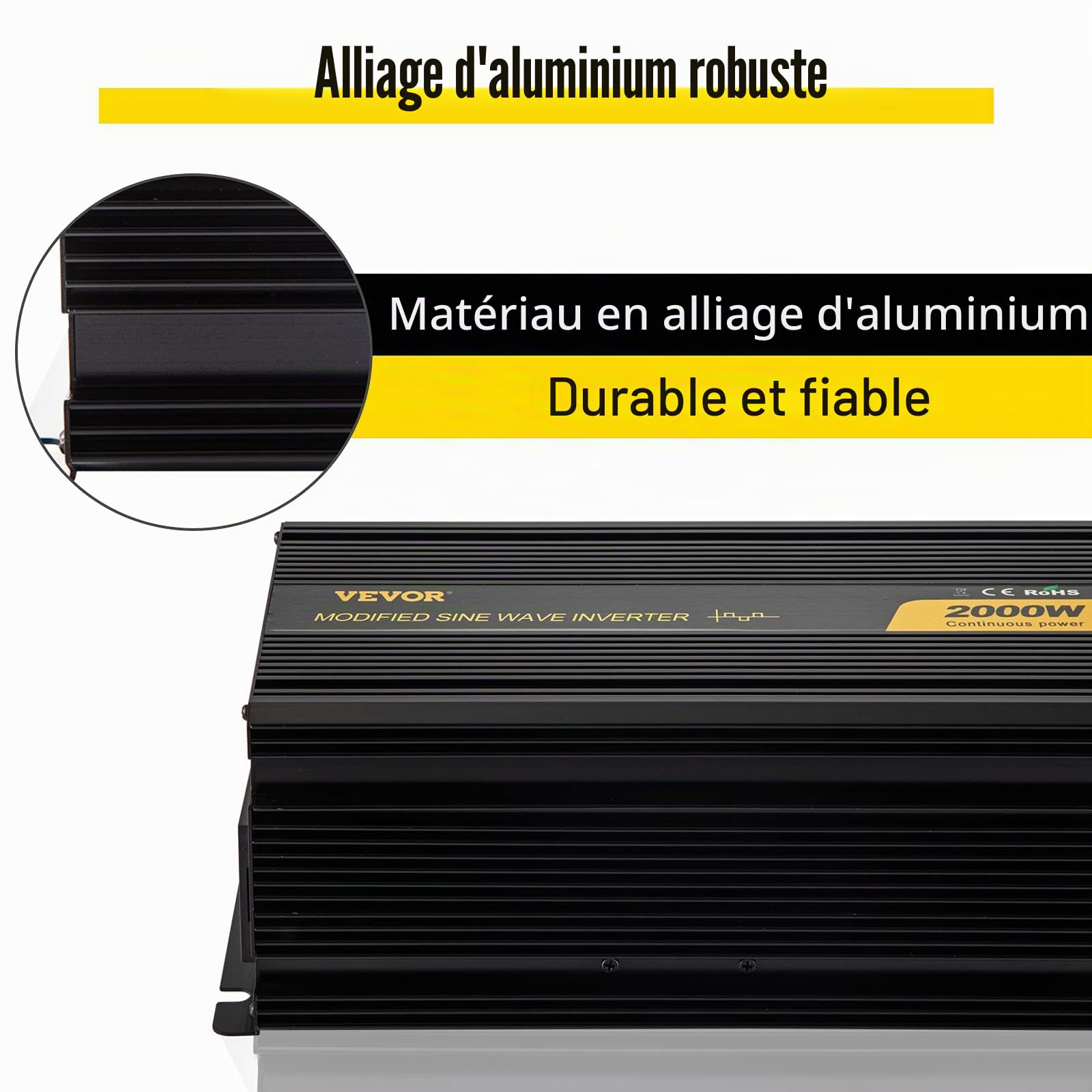 VEVOR Onduleur à Onde Sinusoïdale Modifiée, 2000 W DC 24 V à AC 240 V Onduleur en Alliage d'Aluminium avec Télécommande, Transformateur de Tension pour Appareil Électriques Voiture Ordinateur