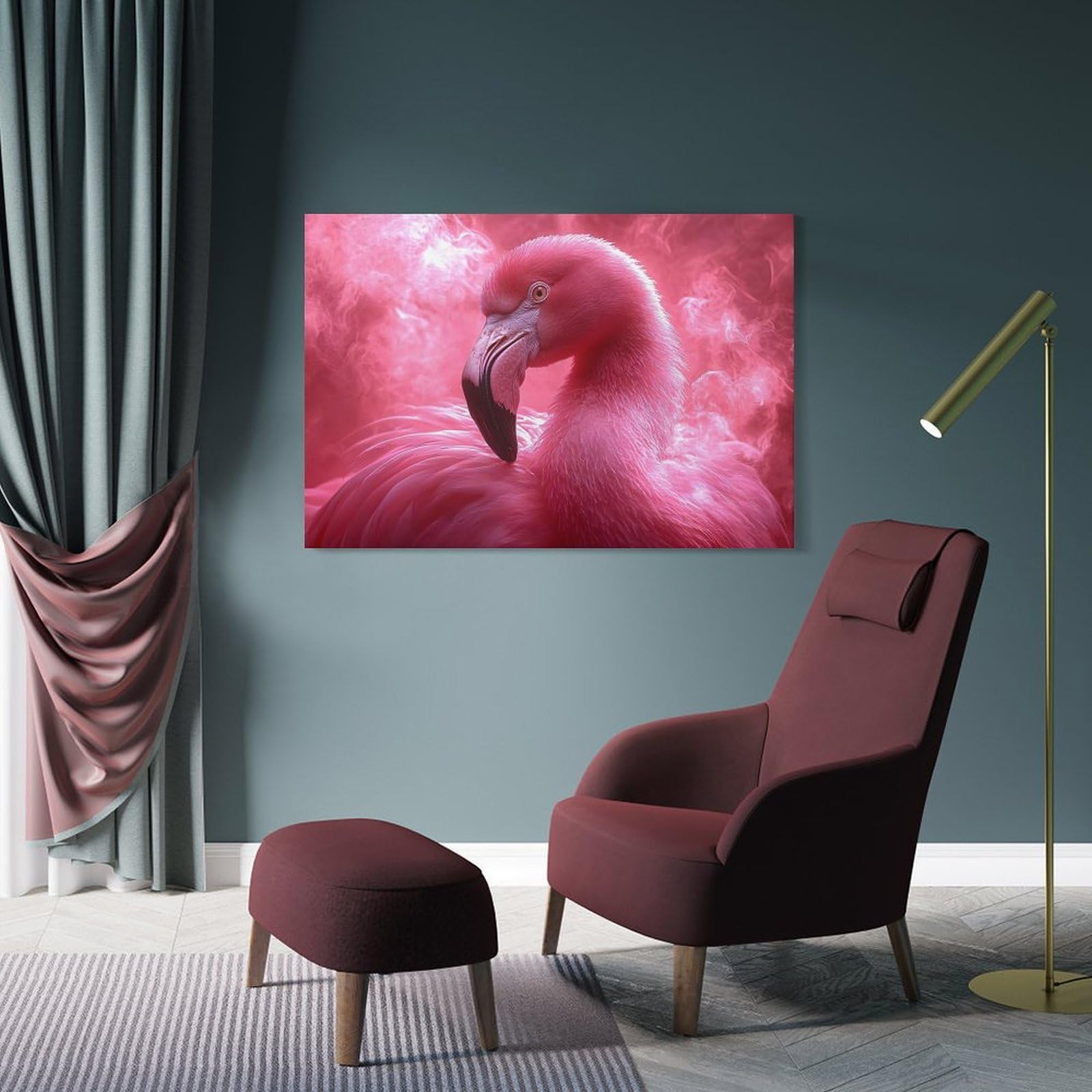 Junmoney Frame-Style-17 Pink Flamingo Portrait With Smoky Background Canvas Wall Decor, 08X12inch(20X30cm), For Wall Displays, Bedrooms Or Room Updates, Wall Decor Suited To Curated Displays