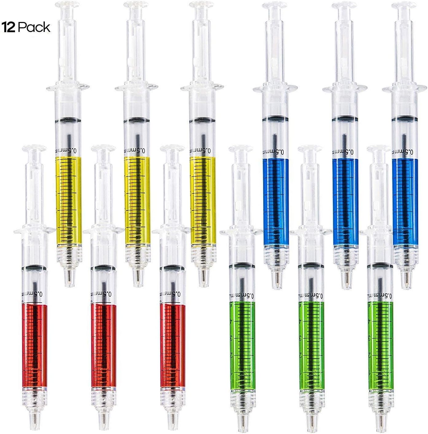 Pack Of 12 Syringe Shape Ballpoint Pen Liquid Filled Retractable - Assorted Bright Colors, Great for Prizes, Giveaways, Doctor Imaginary, School