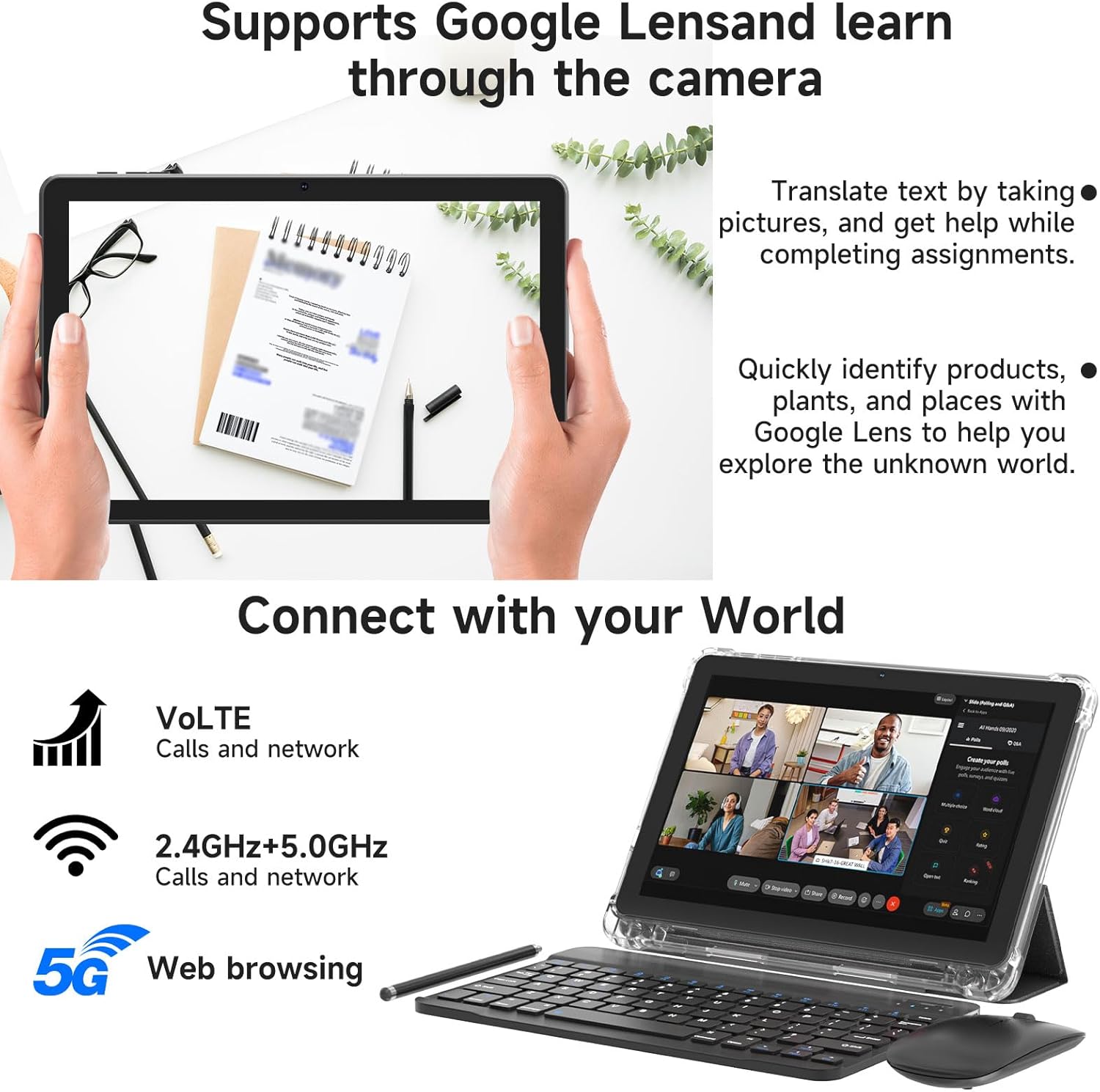 10 Inch Tablet Android 15 Tablets with Case 4+16GB RAM+128GB ROM, 6000mah Battery 10 in Android Tableta, 2MP+8MP Dual Camera 10.1'' IPS HD Touch Screen Tab (Black+Keyboard)