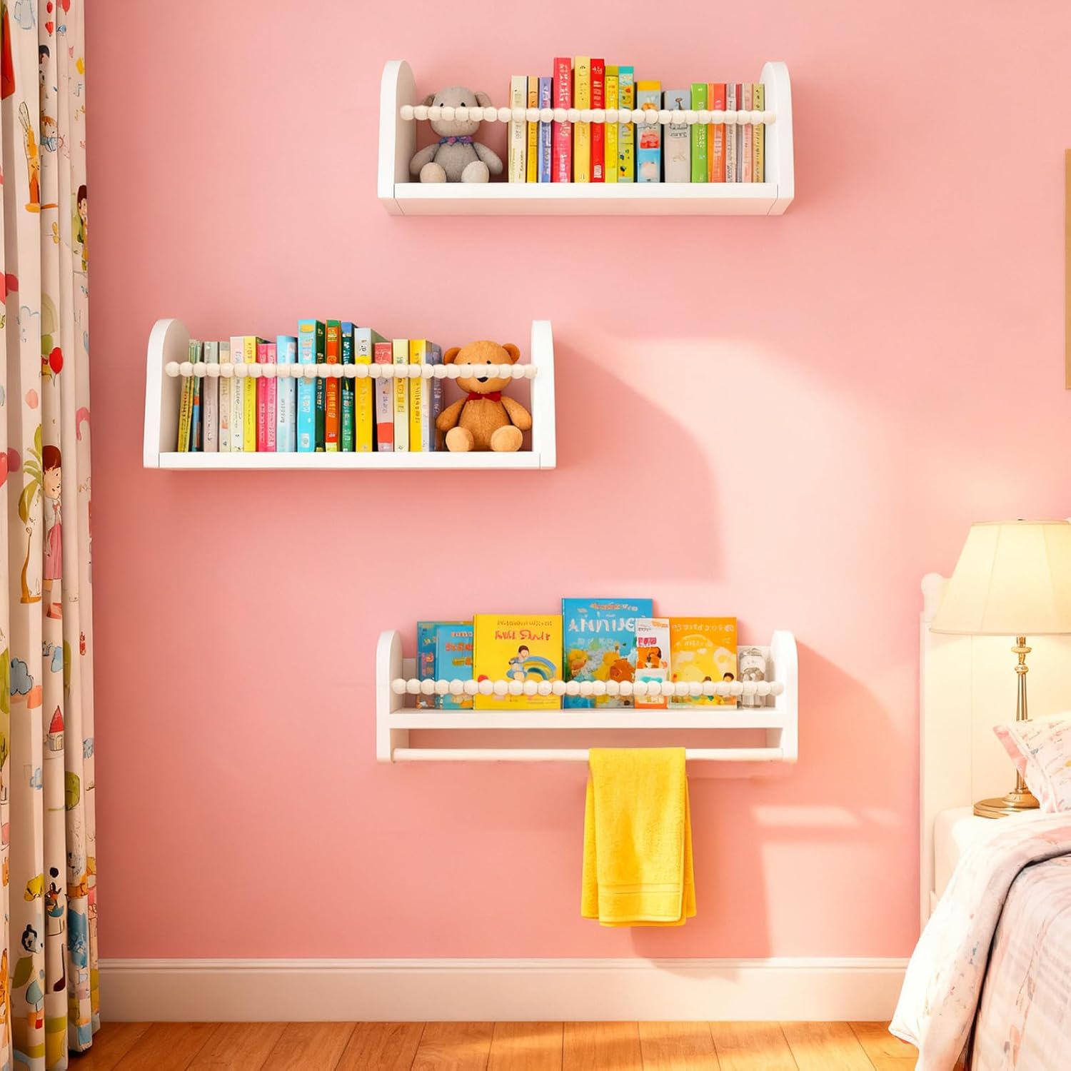 OurWarm Nursery Book Shelves for Wall Set of 3, White Natural Wood Nursery Floating Shelves with Towel Bar, Wall Mounted Floating Bookshelves for Baby Room Kids Room Living Room Storage and Decor