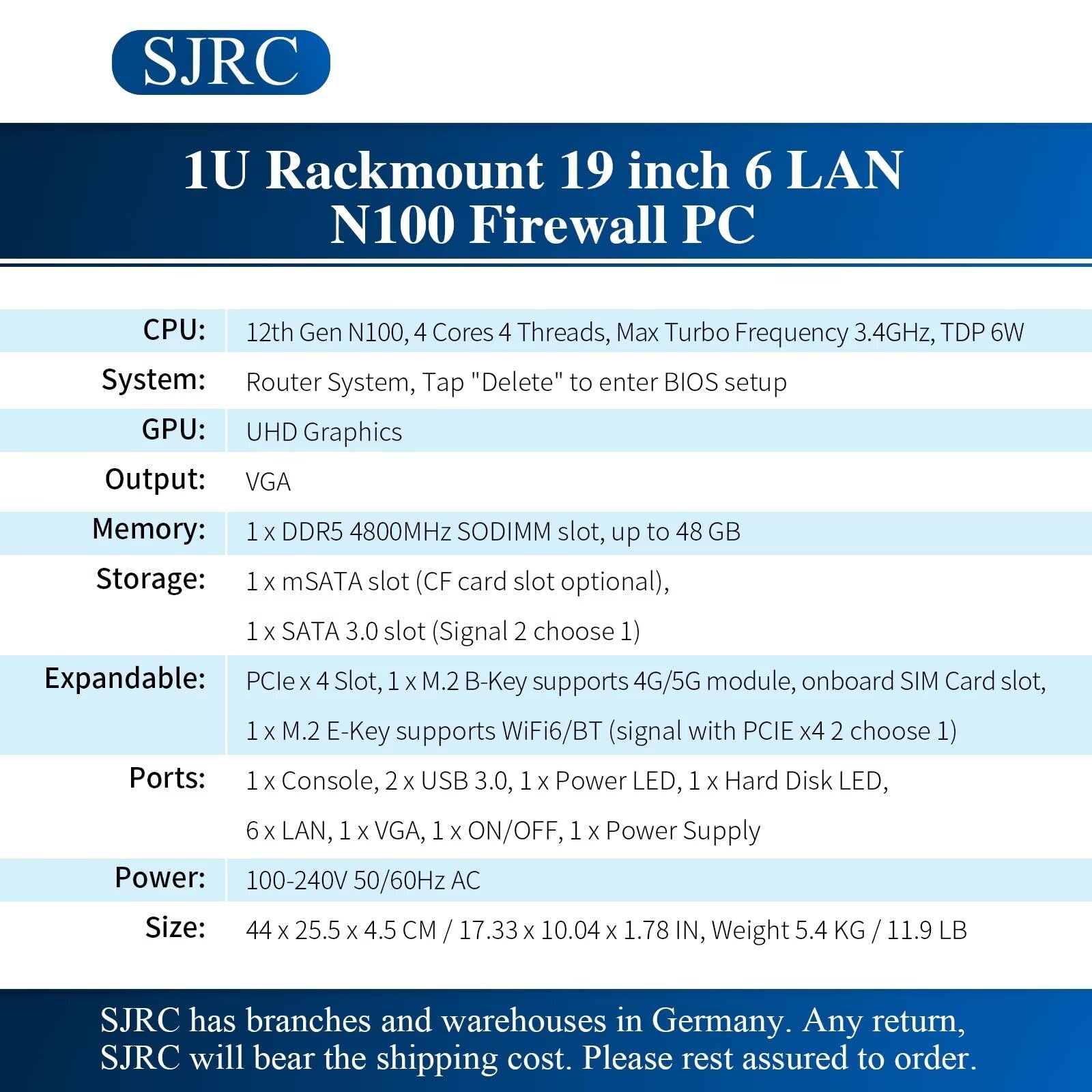 SJRC 19 pouces matériel pare-feu N100 12e génération, routeur pare-feu 1U avec 6 x i226V 2,5 GbE LAN, 19" Rack OPNsense Appliance pour serveur VPN Office, DDR5 32 Go RAM 512 Go SSD, VGA
