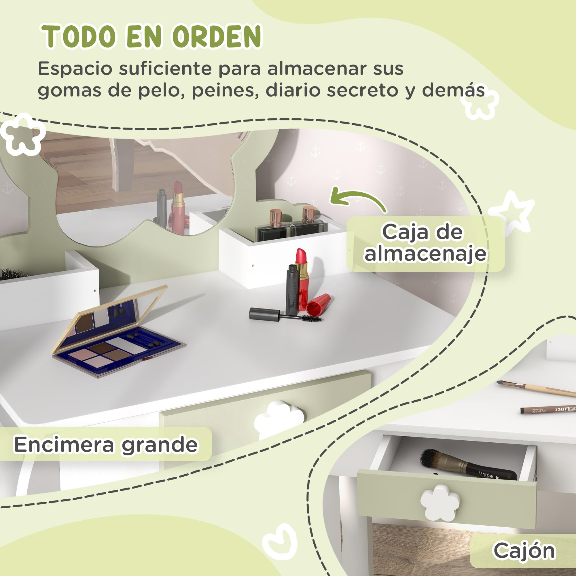 ZONEKIZ Tocador para Niñas con Espejo y Taburete Tocador de Maquillaje para Niñas de 3-6 Años con 2 Cajas y 1 Cajón 55x34x87,5 cm Blanco y Verde Pastel