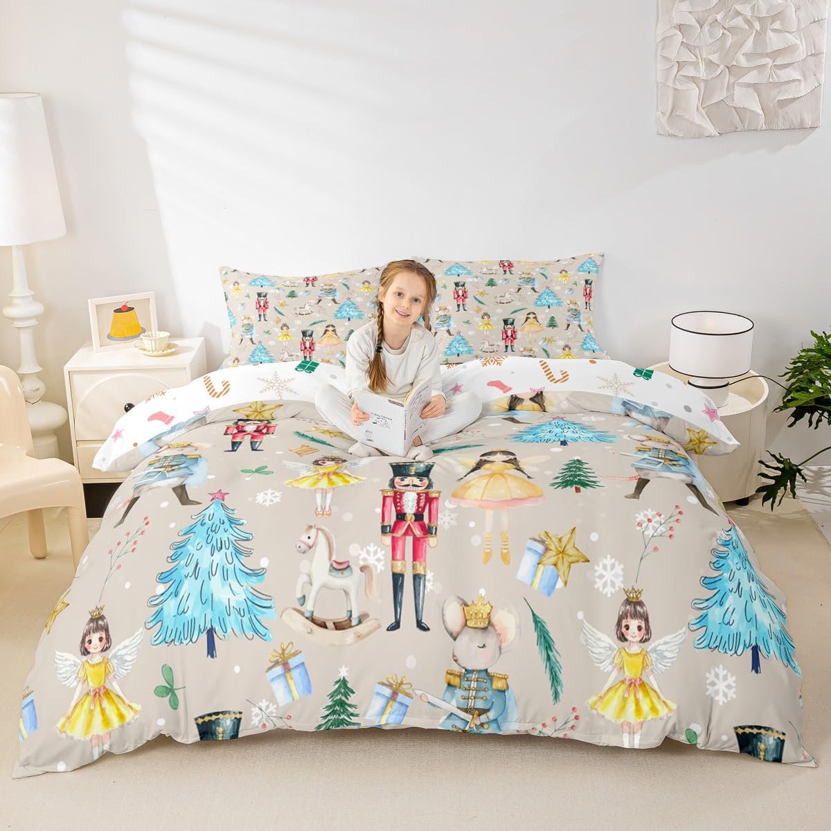 Homewish Beżowa świąteczna poszewka na kołdrę super king dzieci Boże Narodzenie dziadek do orzechów poszewka na kołdrę marzycielski balet dziewczyna księżniczka zestaw pościeli karuzela choinka łóżko