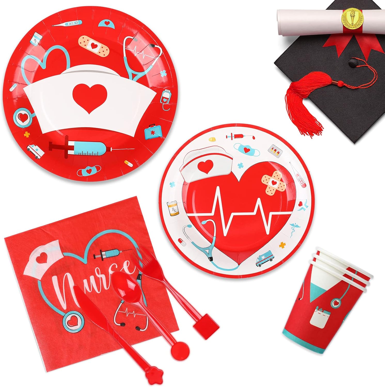 Yisong 168 Pcs Nurse Graduation Party Decorations, Doctor Medical Birthday Tableware Set 24 Guests Dinner Dessert Plates Cups Napkins for Doctors Day Nursing School Office Party Supplies(Red)