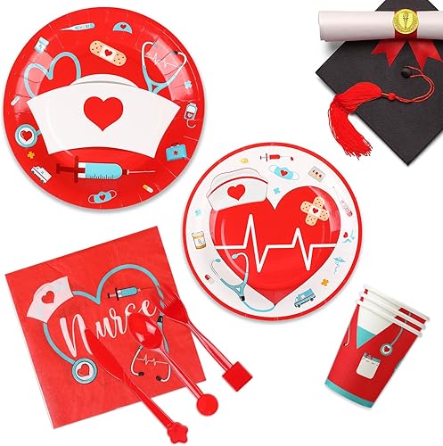 Miniatura 10 de 168 piezas de decoraciones de fiesta de graduación de enfermera, juego de vajilla médica para fiesta de cumpleaños, 24 invitados, platos de postre,