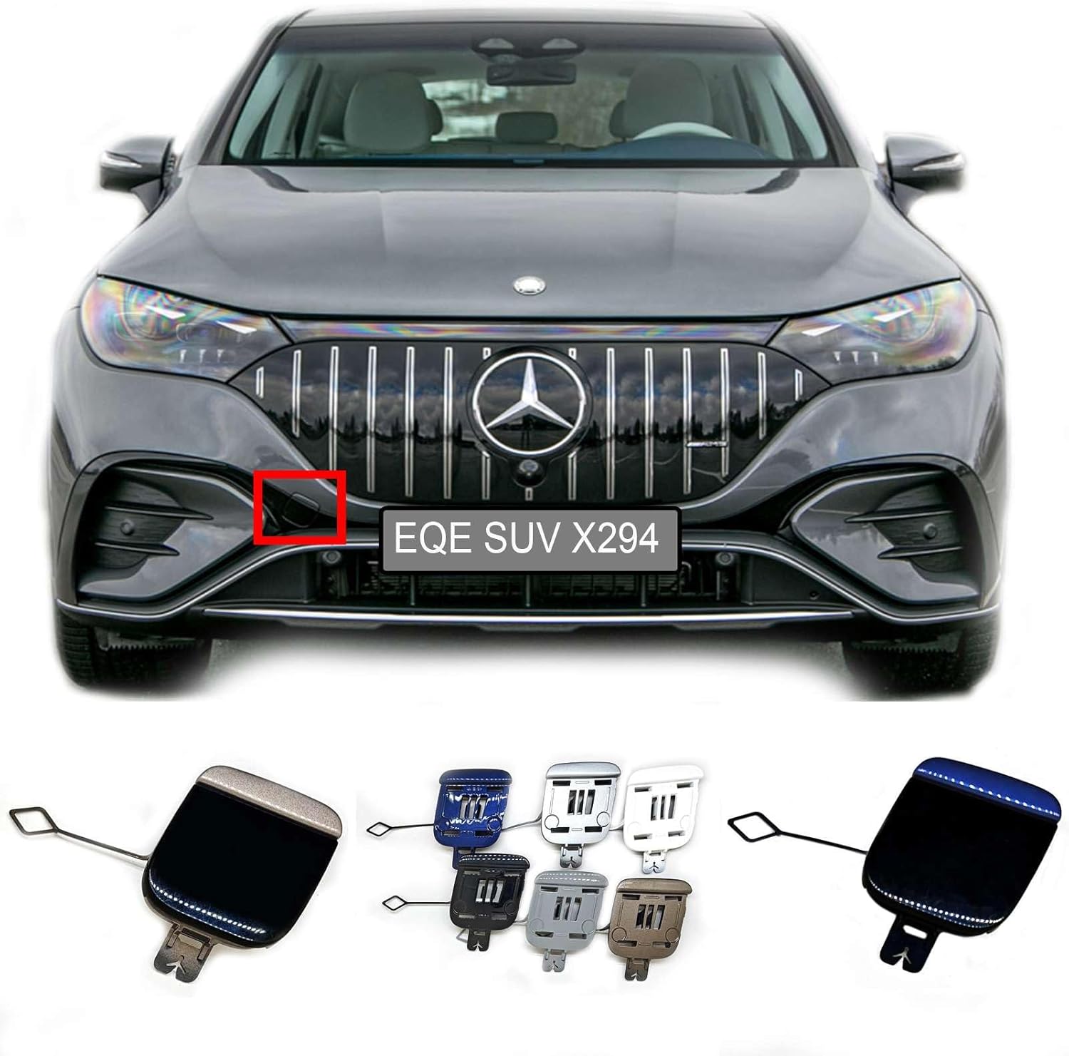 2in1 Front Tow Cover for 23-up Mercedes-Benz EQE SUV X294 AMG Line Fit EQE43 EQE53 EQE350+ EQE500 4Matic Towing Eye Hook Cap