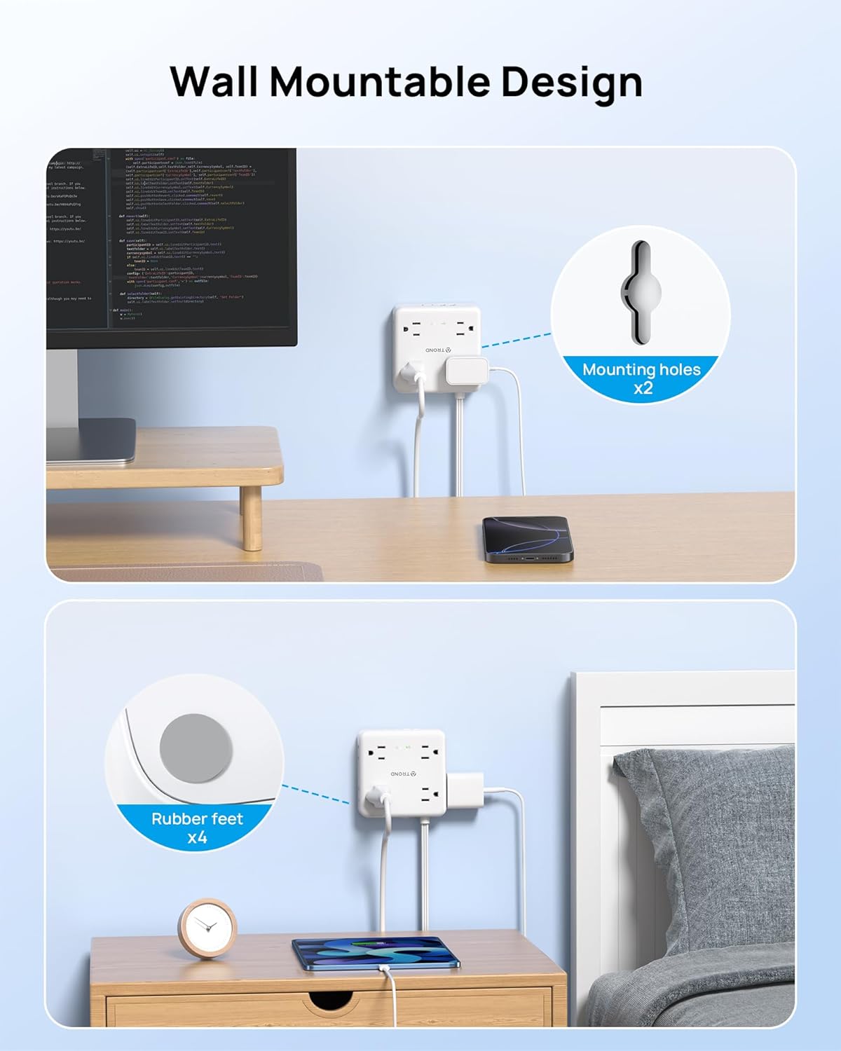 TROND Power Strip Wall Mountable Design