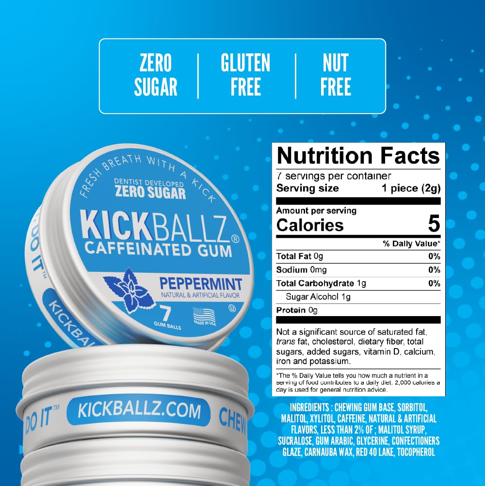 KickBallz Variety Caffeine Energy Gum 110mg, Sugar Free, 3 Tins 21 Count — Amazon image 2