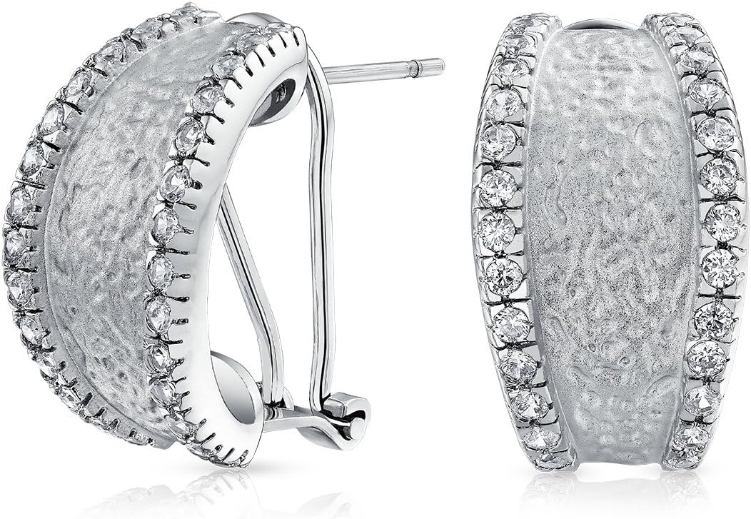 Matte HaMMered Fashion Shrimp Half Hoop Earrings for Women with Cubic Zirconia Pave Edge CZ Accent Silver Gold Plated Stabilizing Omega Clip